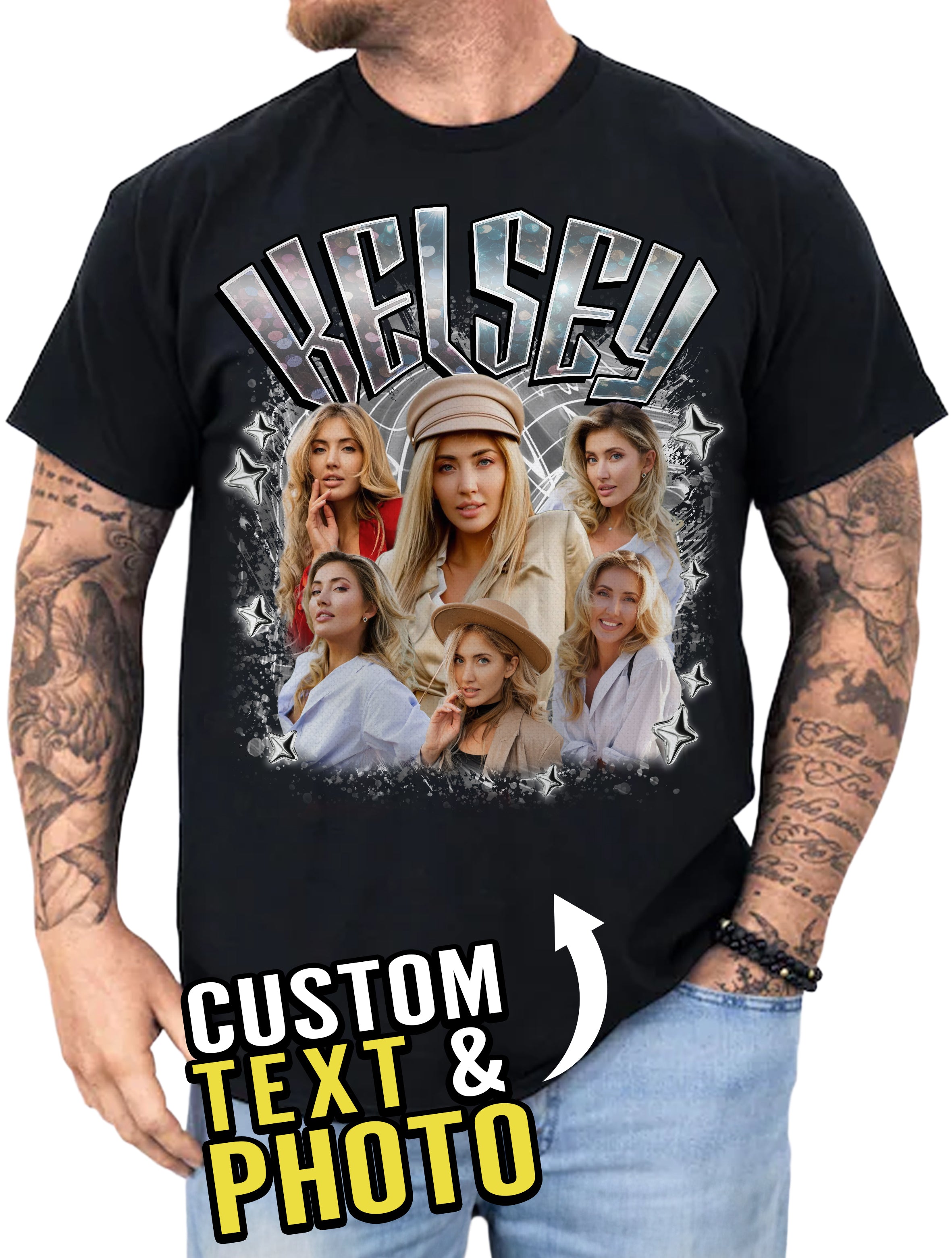 Bootleg Style Custom T-Shirt, Add Your Own Photo & Text, Unique Gift for Him, Her, or Family