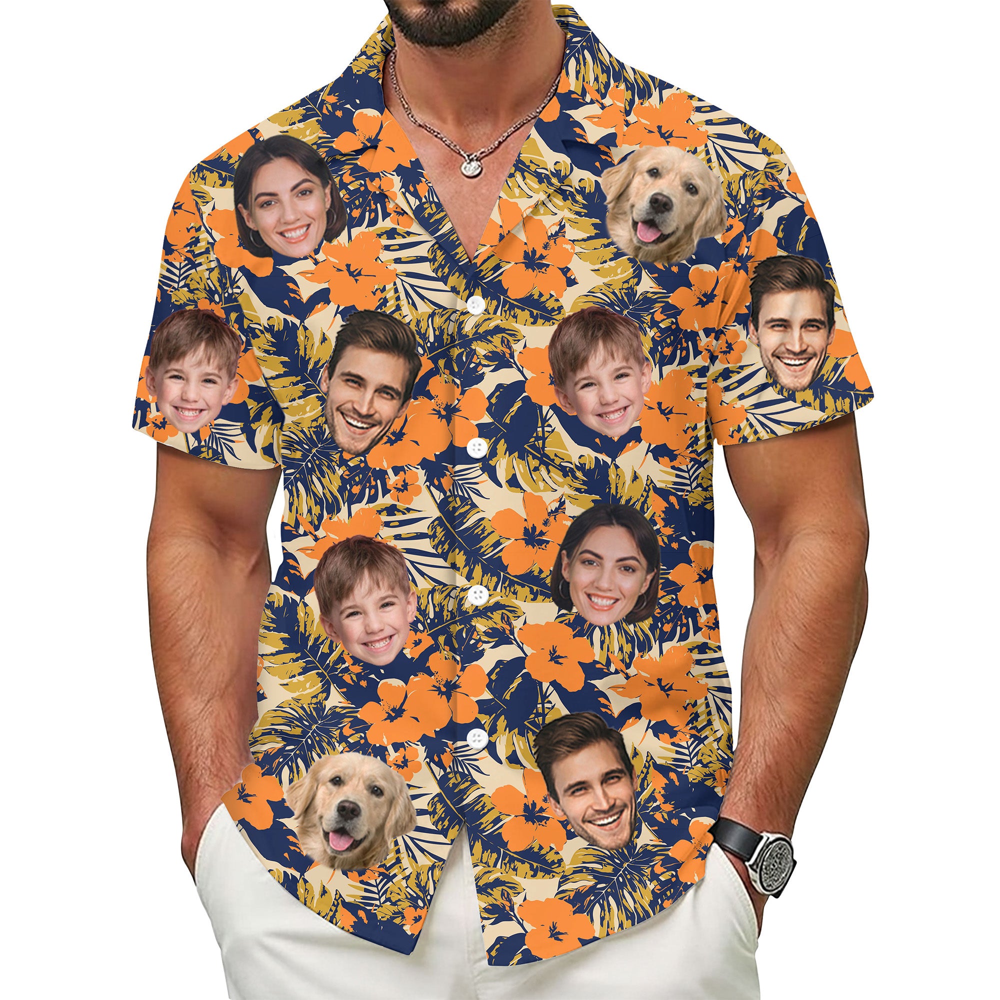 Custom Face Hawaiian Shirt, Personalized Orange Tropical Flower Shirt for Men, Funny Summer Vacation Gift, For Dads & Kids, For Father’s Day
