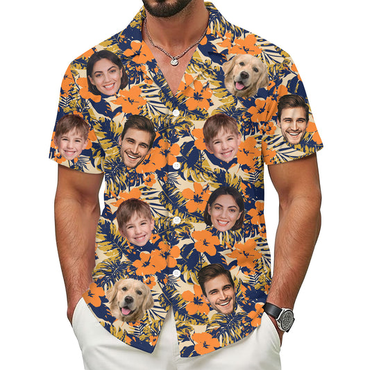 Custom Face Hawaiian Shirt, Personalized Orange Tropical Flower Shirt for Men, Funny Summer Vacation Gift, For Dads & Kids, For Father’s Day