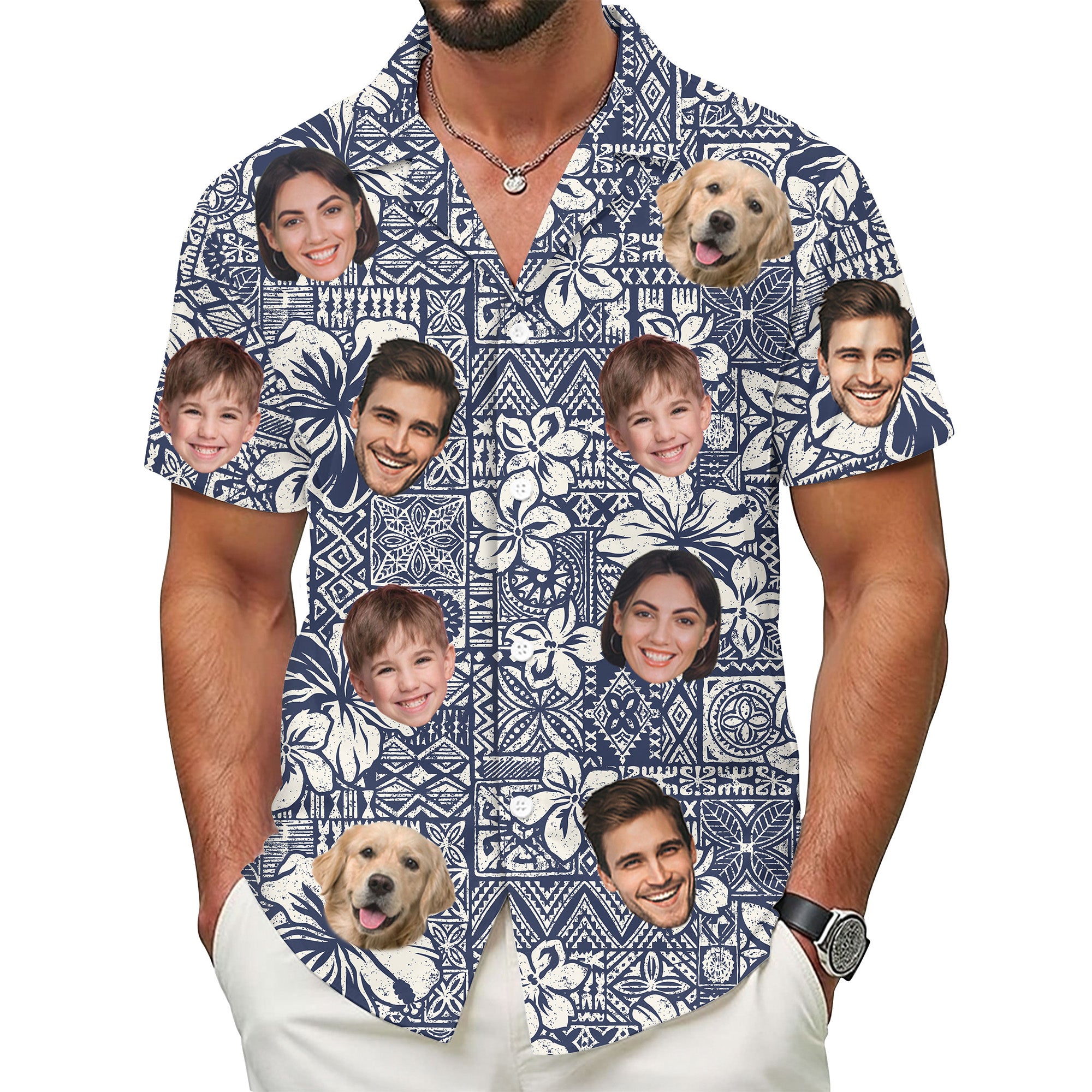 Custom Face Hawaiian Shirt for Men, Personalized Aloha Shirt with Family & Pet Faces, Blue Tribal Floral Print, Gift for Birthdays, or Vacations
