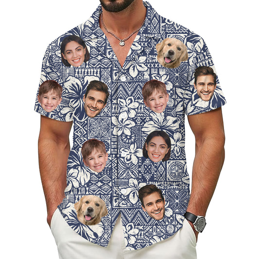 Custom Face Hawaiian Shirt for Men, Personalized Aloha Shirt with Family & Pet Faces, Blue Tribal Floral Print, Gift for Birthdays, or Vacations
