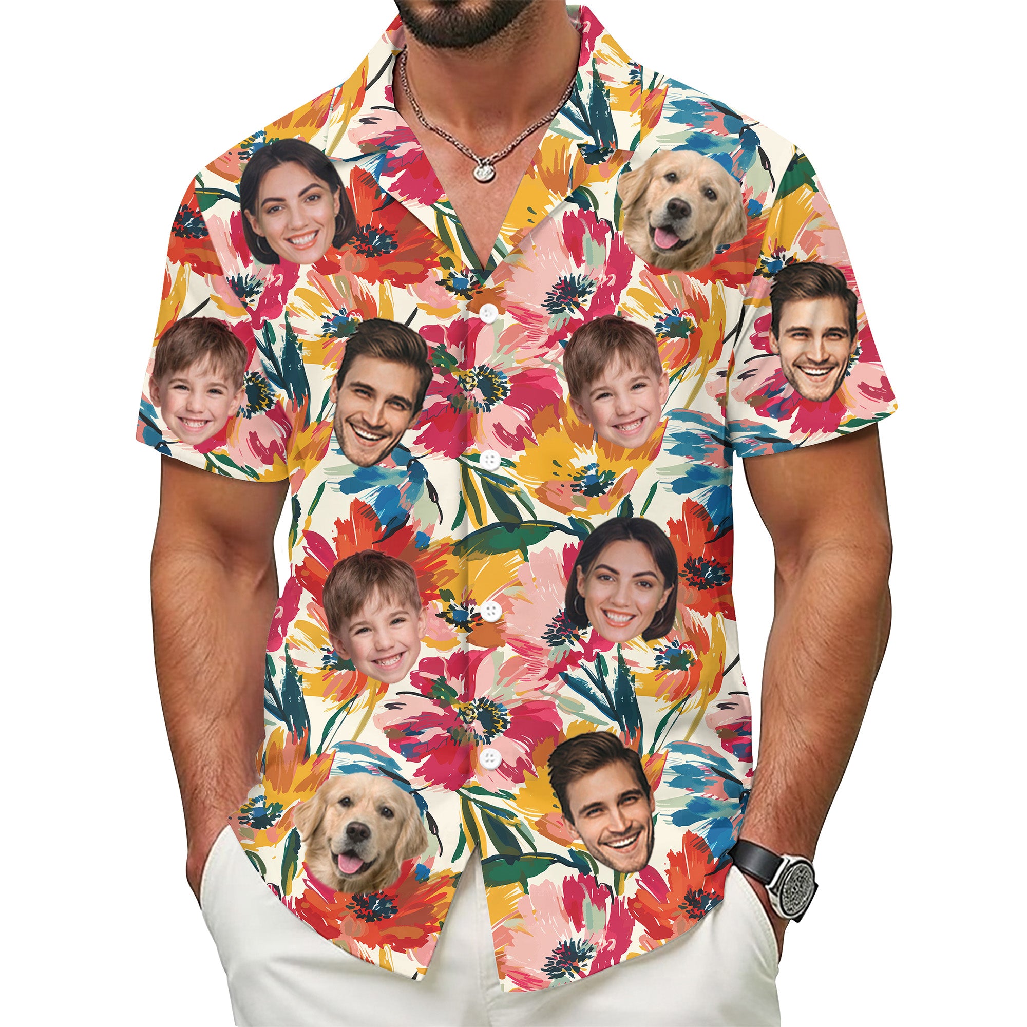 Custom Face Shirt, Personalized Colorful Floral Hawaiian Shirt for Men, Summer Vacation Gift, For Kids & Dads, Family Trips or Birthday Celebrations