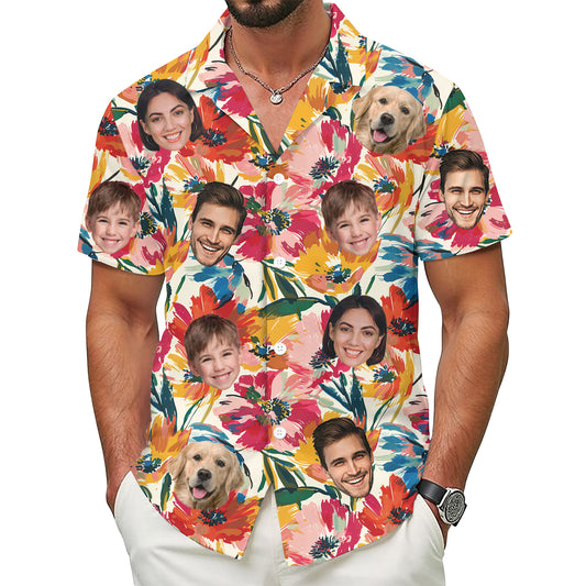 Custom Face Shirt, Personalized Colorful Floral Hawaiian Shirt for Men, Summer Vacation Gift, For Kids & Dads, Family Trips or Birthday Celebrations