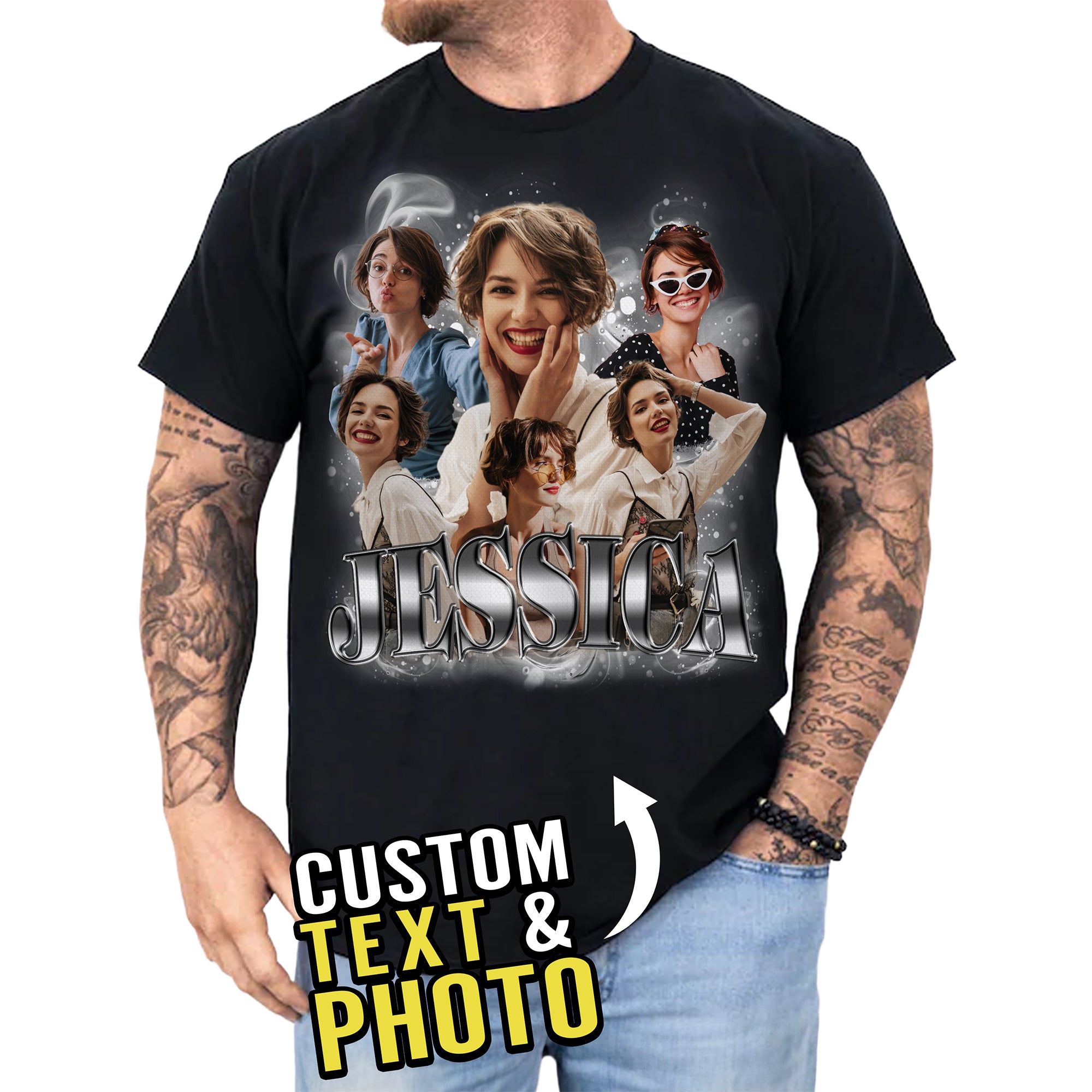 Custom Bootleg Photo Tee Shirt for Men & Women, Personalized Face & Name Shirt Gift for Couples & Friends