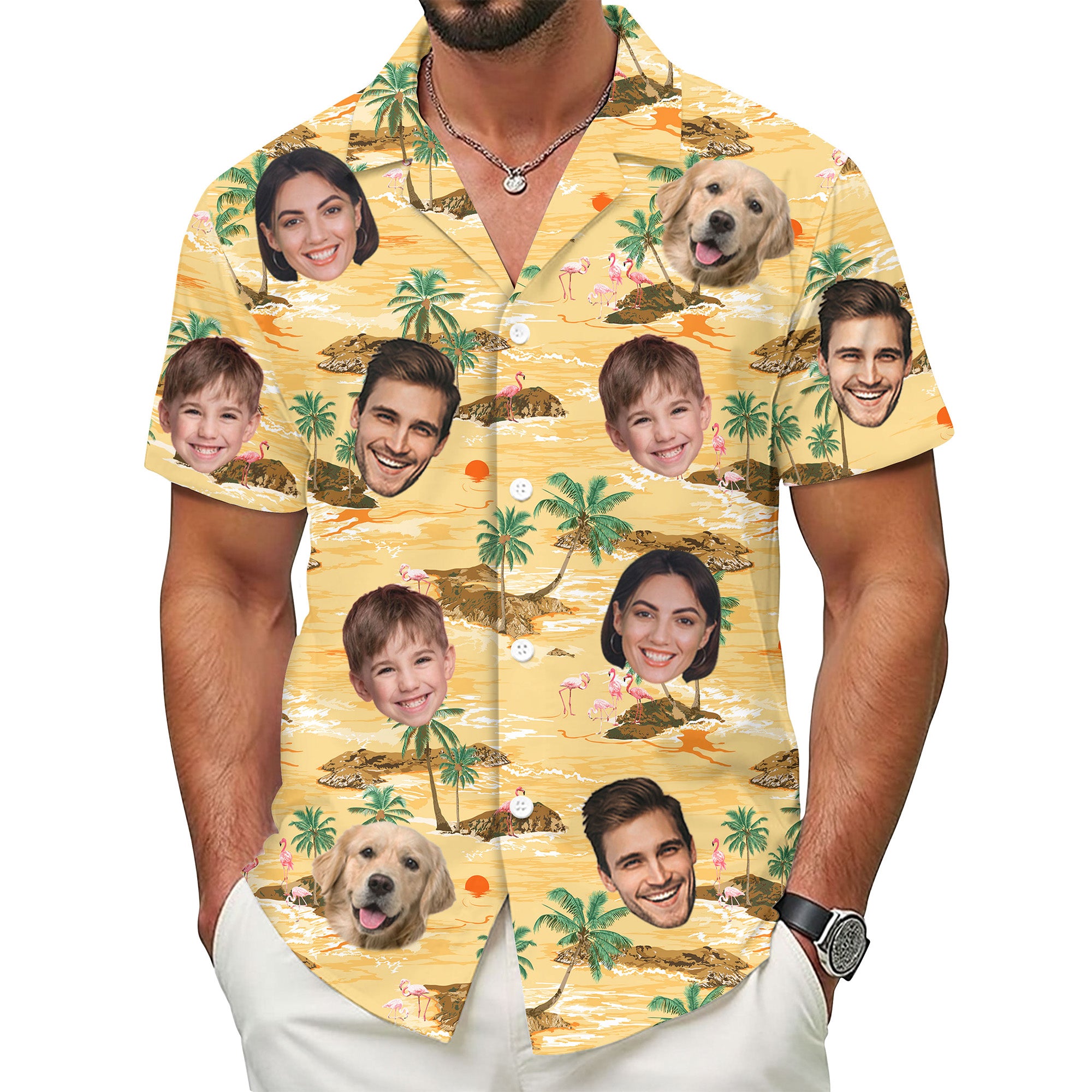 Custom Face Aloha Shirt for Men, Personalized Tropical Island Shirt with Family & Pet Faces, Beach Sunset Design, for Kids, Dads, and Husbands