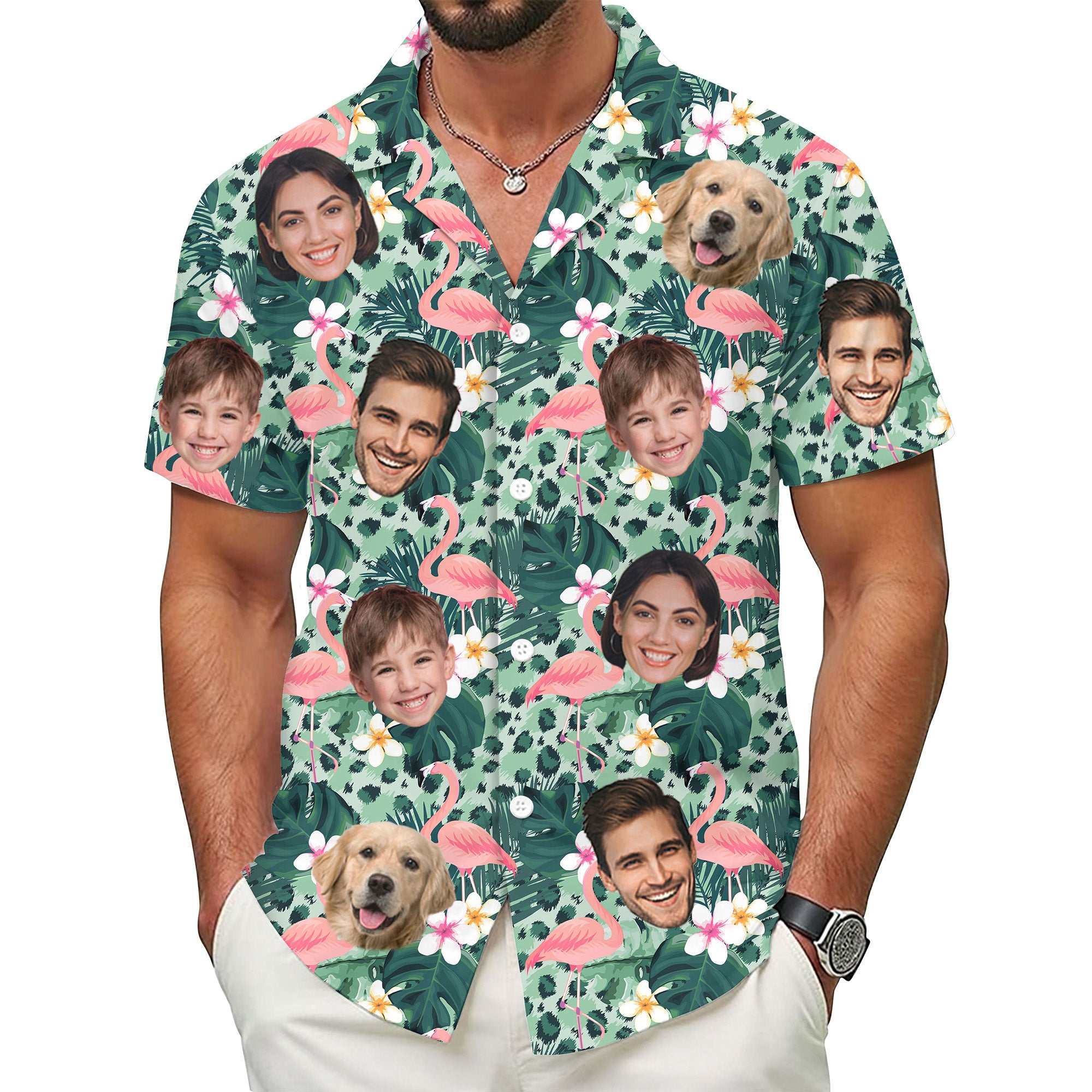 Custom Flamingo Hawaiian Shirt with Faces, Personalized Family Vacation Aloha Shirt with Pets & Tropical Flowers, Perfect for Beach Trips, Birthdays