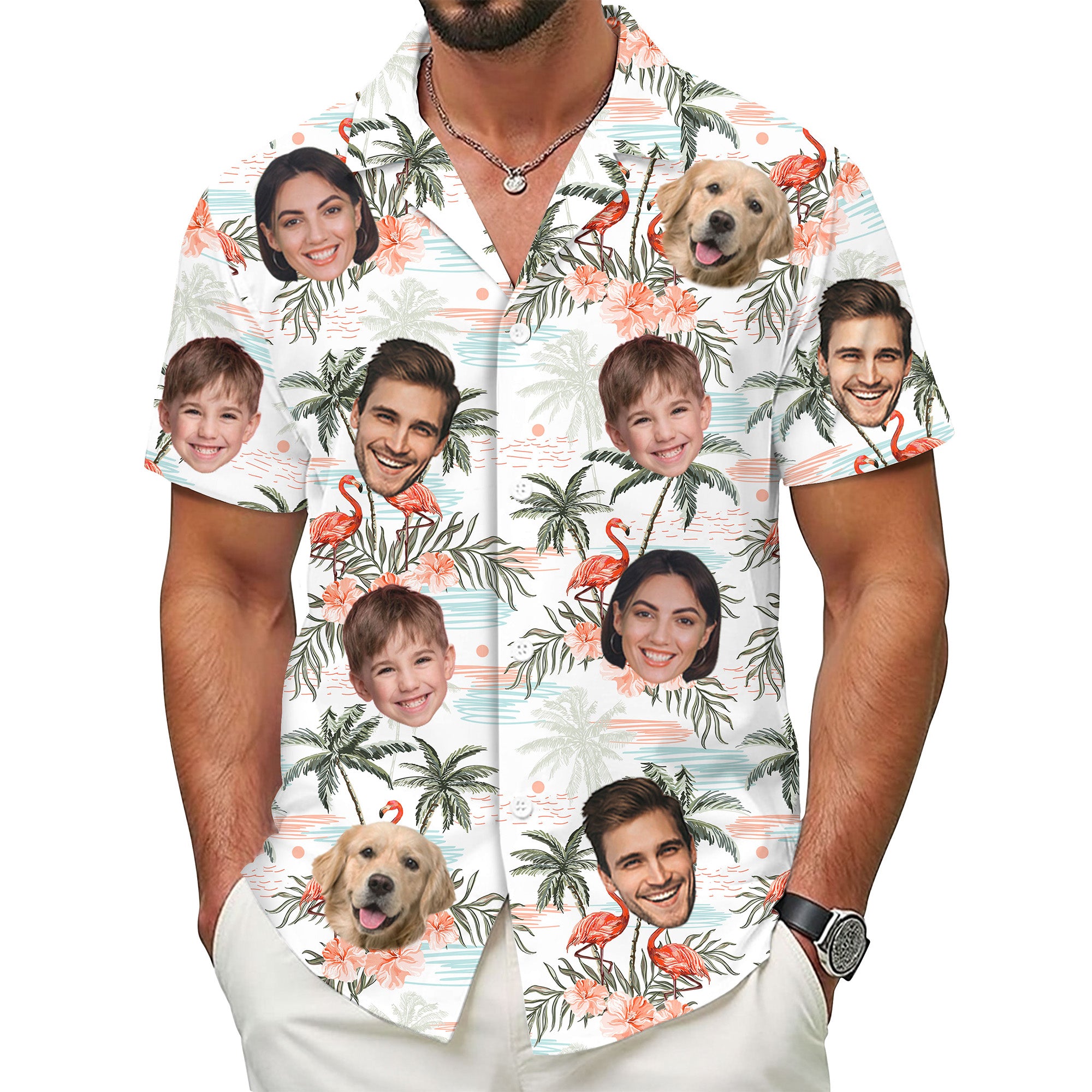 Custom Face Hawaiian Shirt, Personalized Flamingo & Palm Tree Aloha Beach Shirt, Family Vacation Gift, for Women & Husbands, for Beach, Anniversaries