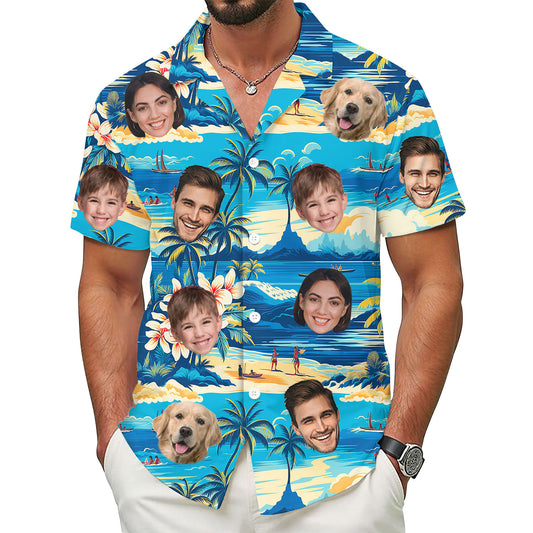 Custom Face Hawaiian Shirt, Personalized Blue Tropical Beach Shirt for Men, Funny Vacation Gift, Fun Surprise for Summer Trips & Celebrations