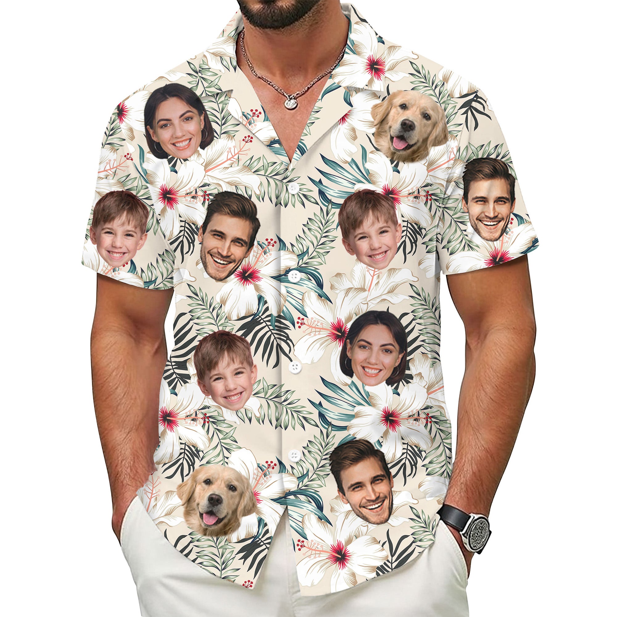 Custom Face Hawaiian Shirt, Personalized Cream Tropical Floral Shirt for Men, Summer Gift, A Heartwarming Gift for Dad on Father’s Day or Anniversary