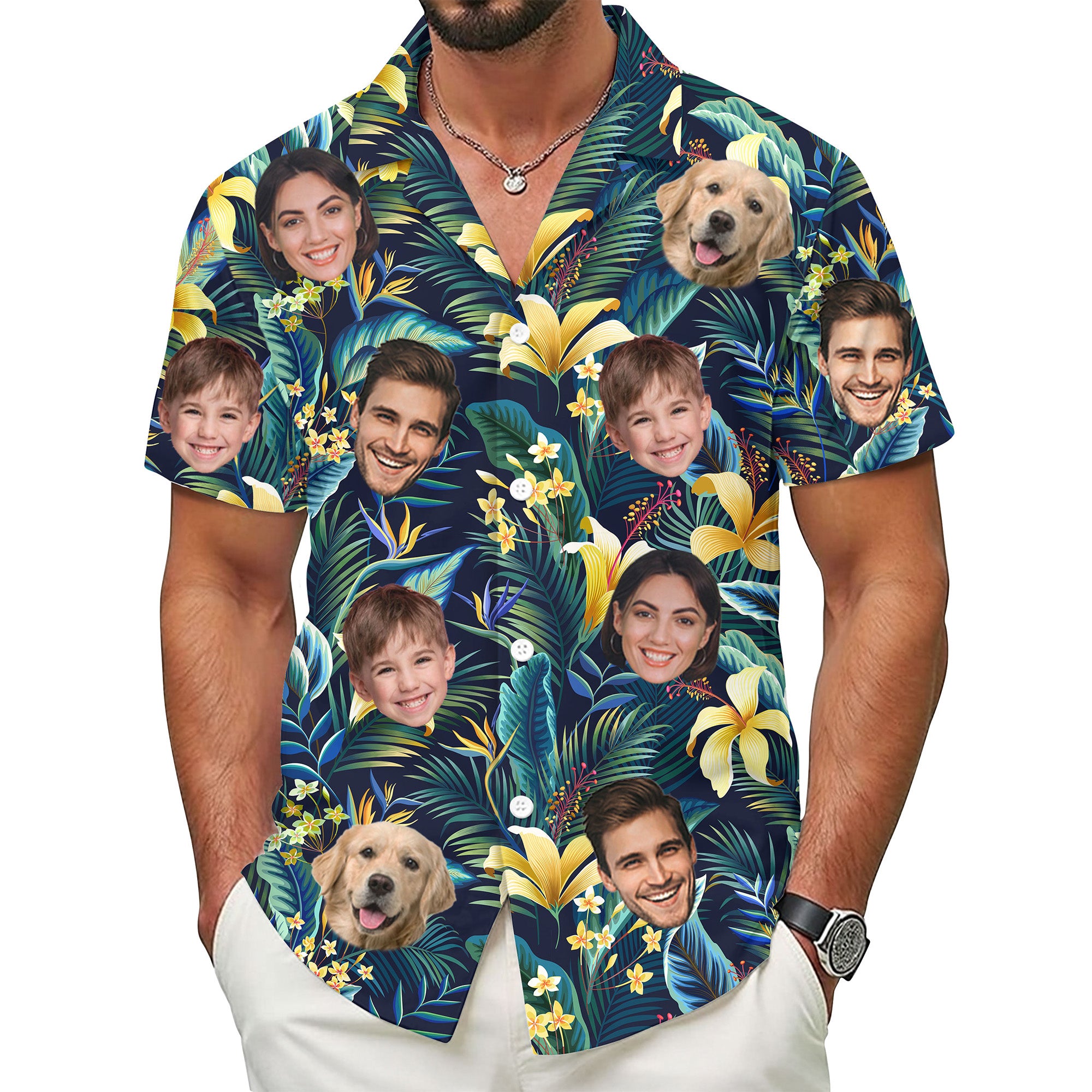 Custom Face Tropical Shirt, Personalized Yellow Lily, Jungle Leaves Hawaiian Shirt, Summer Vacation Gift, For Boyfriends, for Father’s Day or Holidays