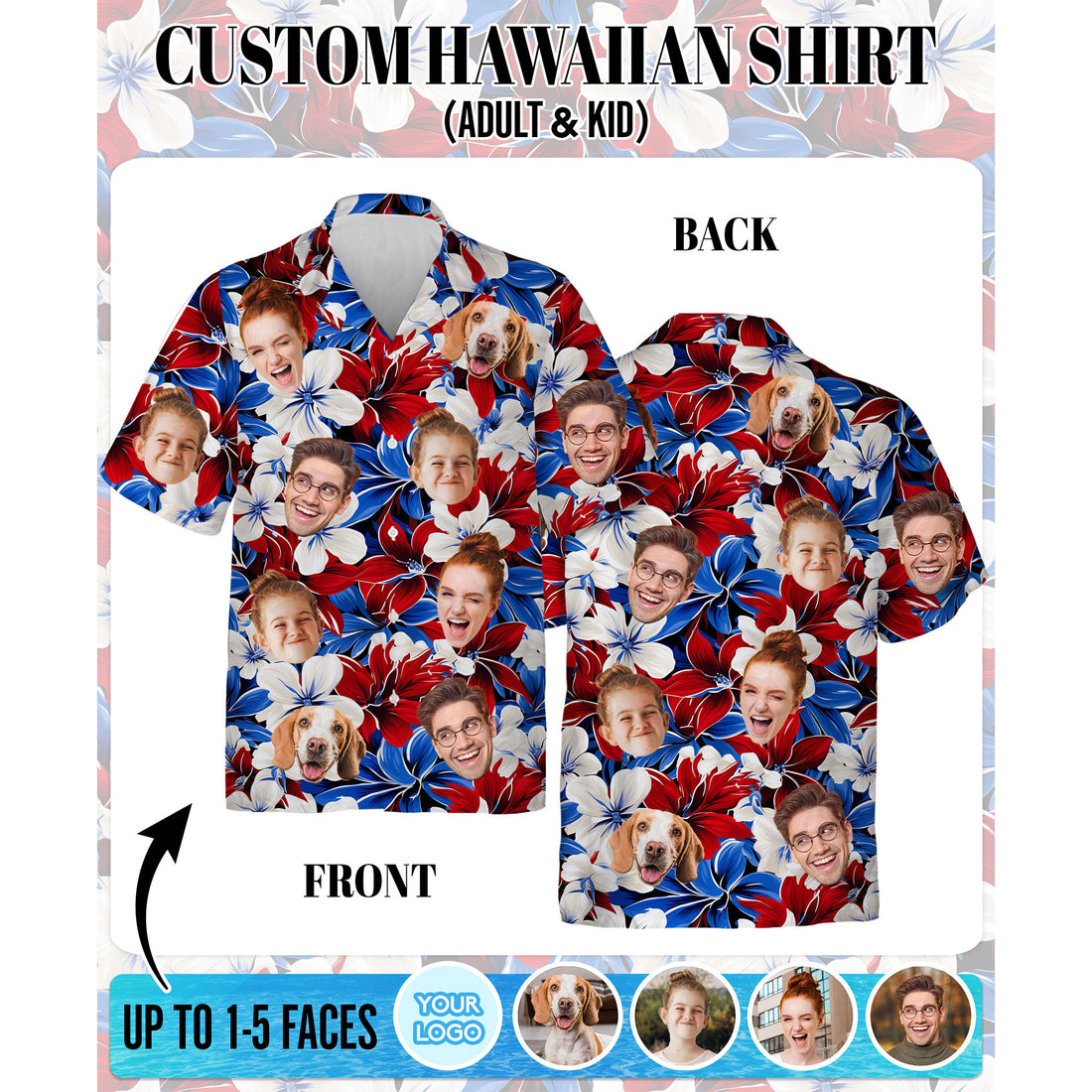 Custom Face Hawaiian Shirt, Personalized Bold Red White Blue Hibiscus Shirt for Men, Cool Father's Day Gift