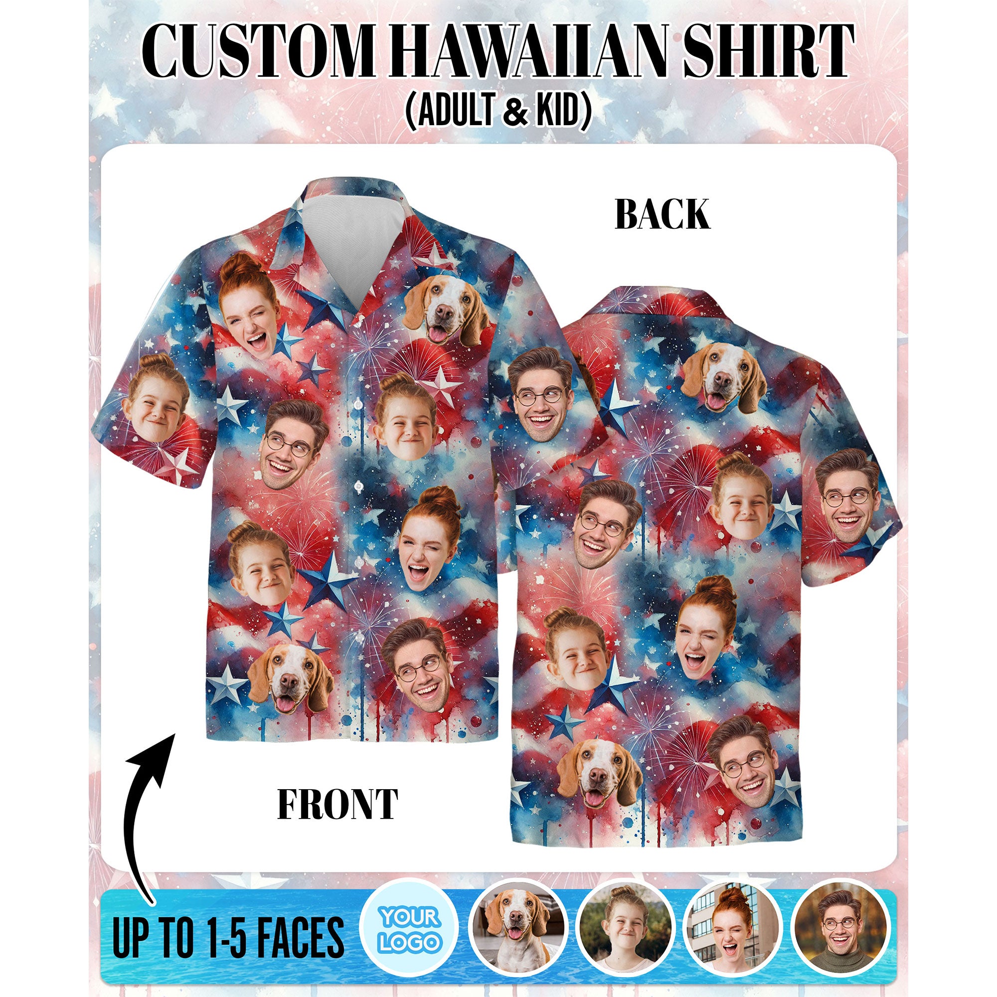 Custom Photo Aloha Shirt, Personalized Patriotic Hawaiian Shirt for Men, Funny Face Shirt, Perfect Gift for Friends, Husband, or Dad