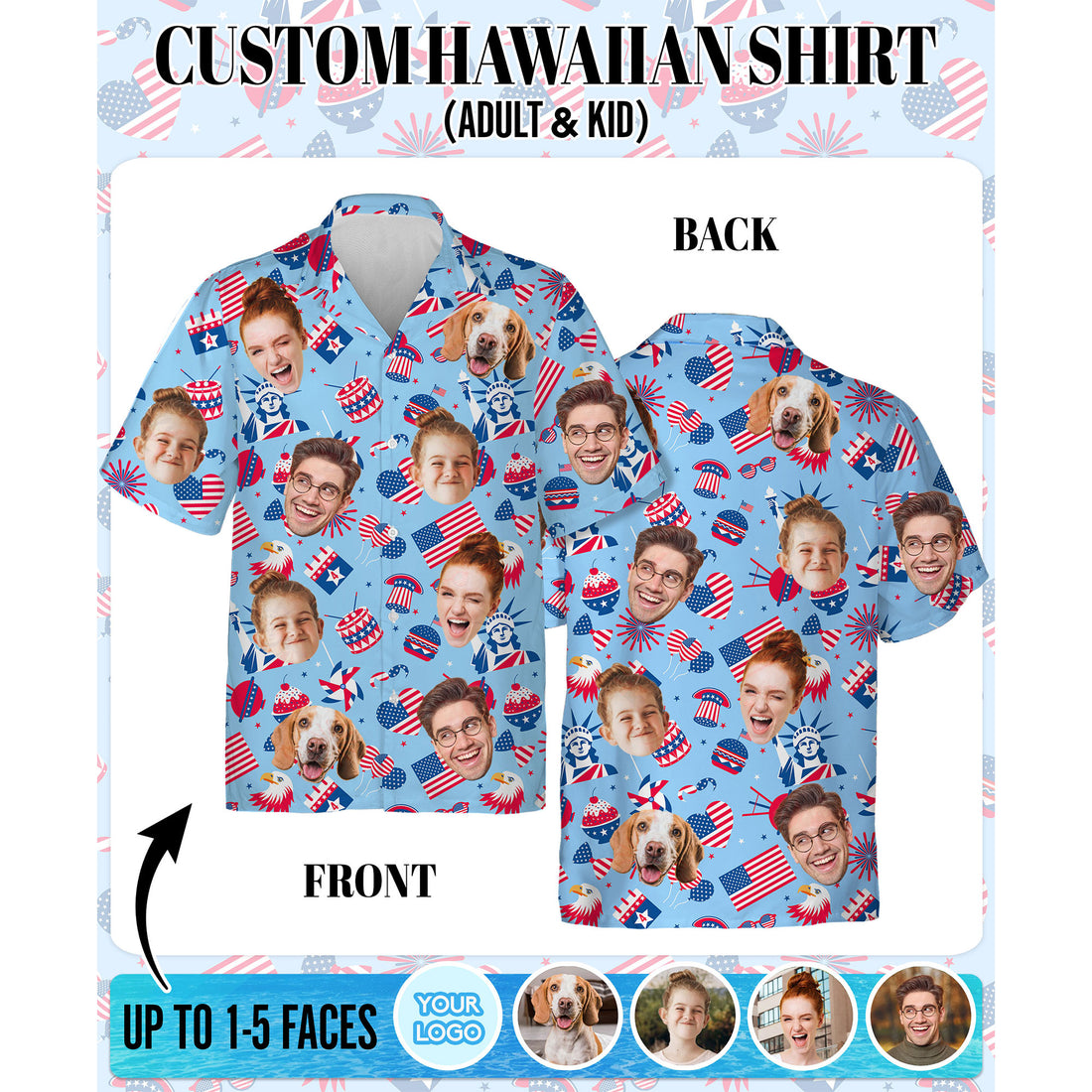 Custom Face Hawaiian Shirt, Personalized Independence Day Shirt for Men, USA Flag Shirt, Unique Gift for Dad or Friends