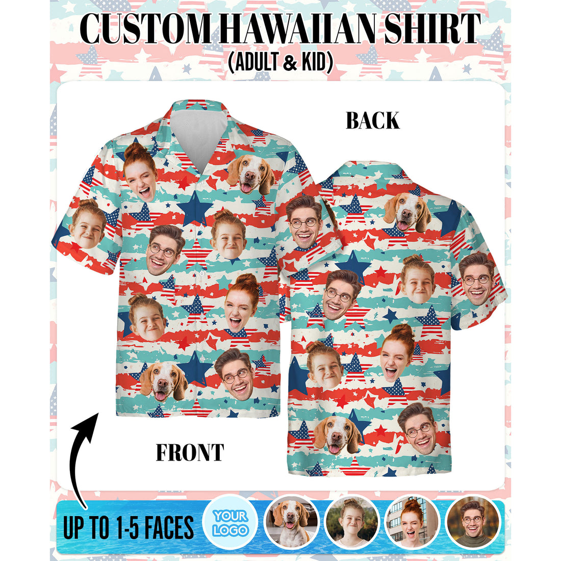 Custom Face Hawaiian Shirt, Personalized America Map Pattern Shirt for Men, Stars and Stripes Gift, Great for July 4th or Family Parties