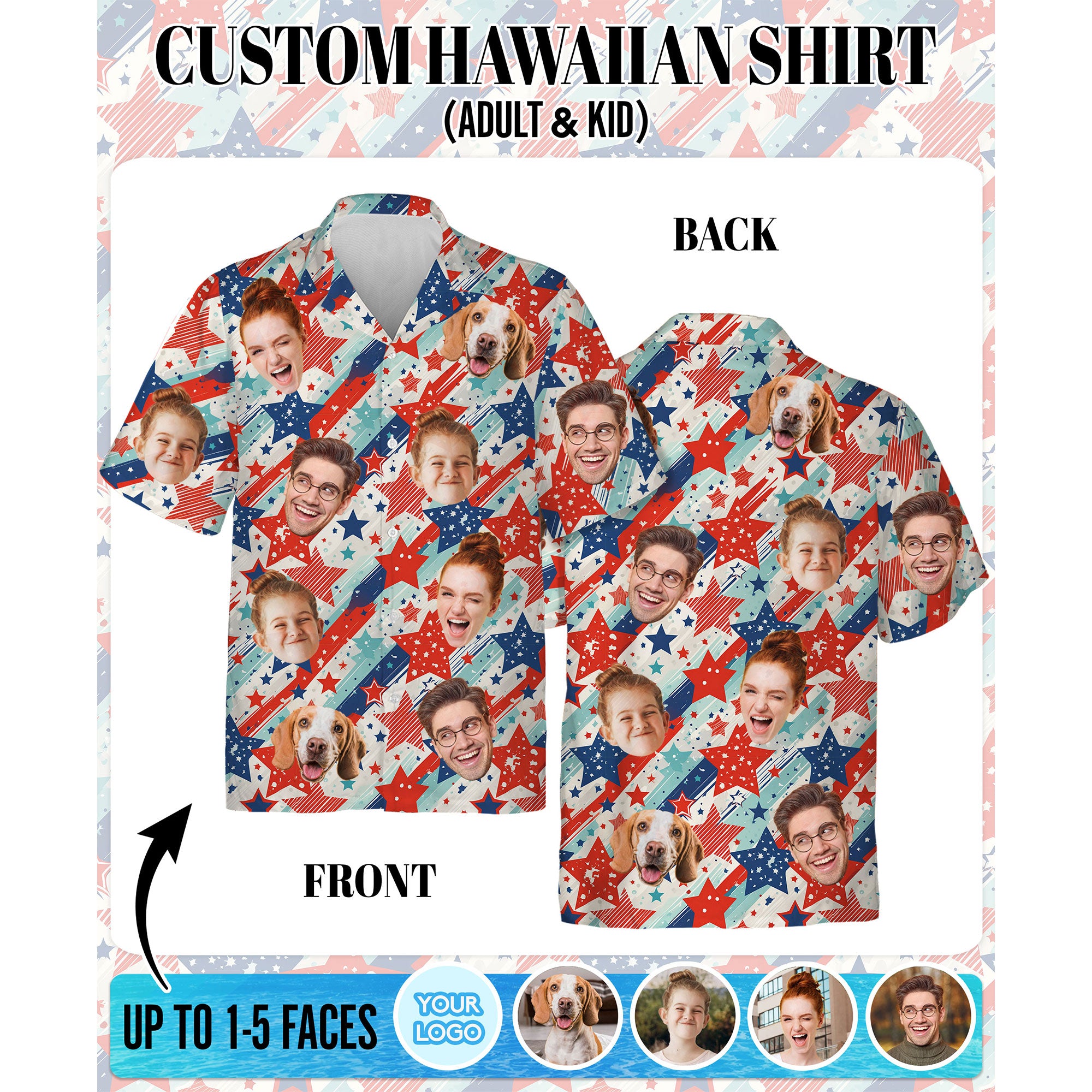 Custom Face Hawaiian Shirt, Personalized USA Fireworks Shirt for Men, Red White Blue Shirt, Patriotic Gift for Him on Holiday