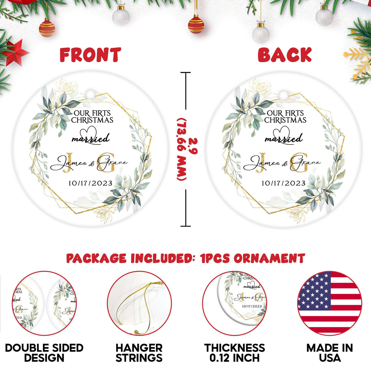 Personalized Engagement Christmas Ornament 2025 with Custom Photo, Our First Christmas Married Ornament 2025, 1St Christmas Married Gift for Wedding Gifts, Couples, Newlywed Gifts
