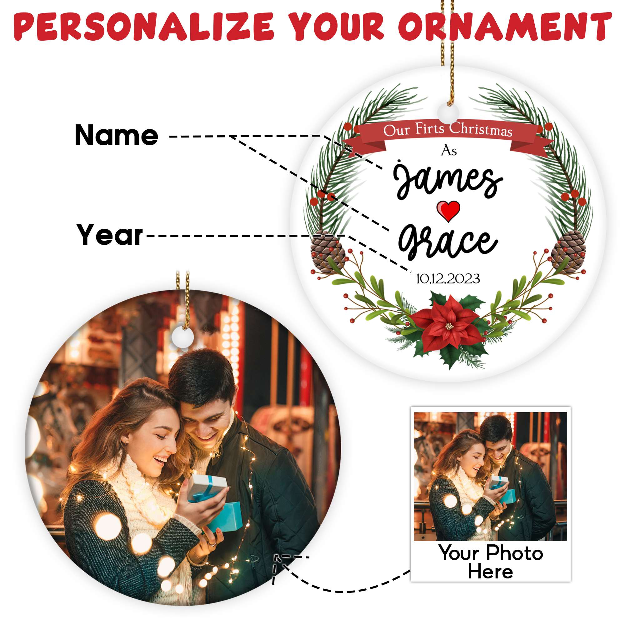 Personalized Our First Christmas Married Ornament 2025, Engagement Christmas Ornament 2025, 1st Christmas As Mr and Mrs Gifts for Couple, Wedding, Newlywed, Christmas Tree Decoration