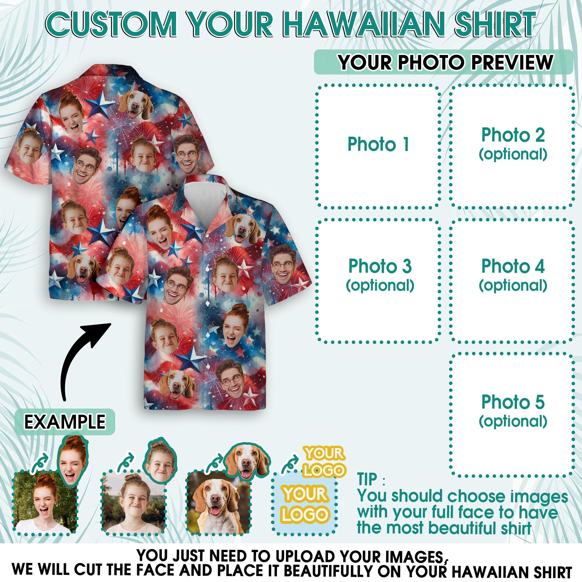 Custom Photo Aloha Shirt, Personalized Patriotic Hawaiian Shirt for Men, Funny Face Shirt, Perfect Gift for Friends, Husband, or Dad