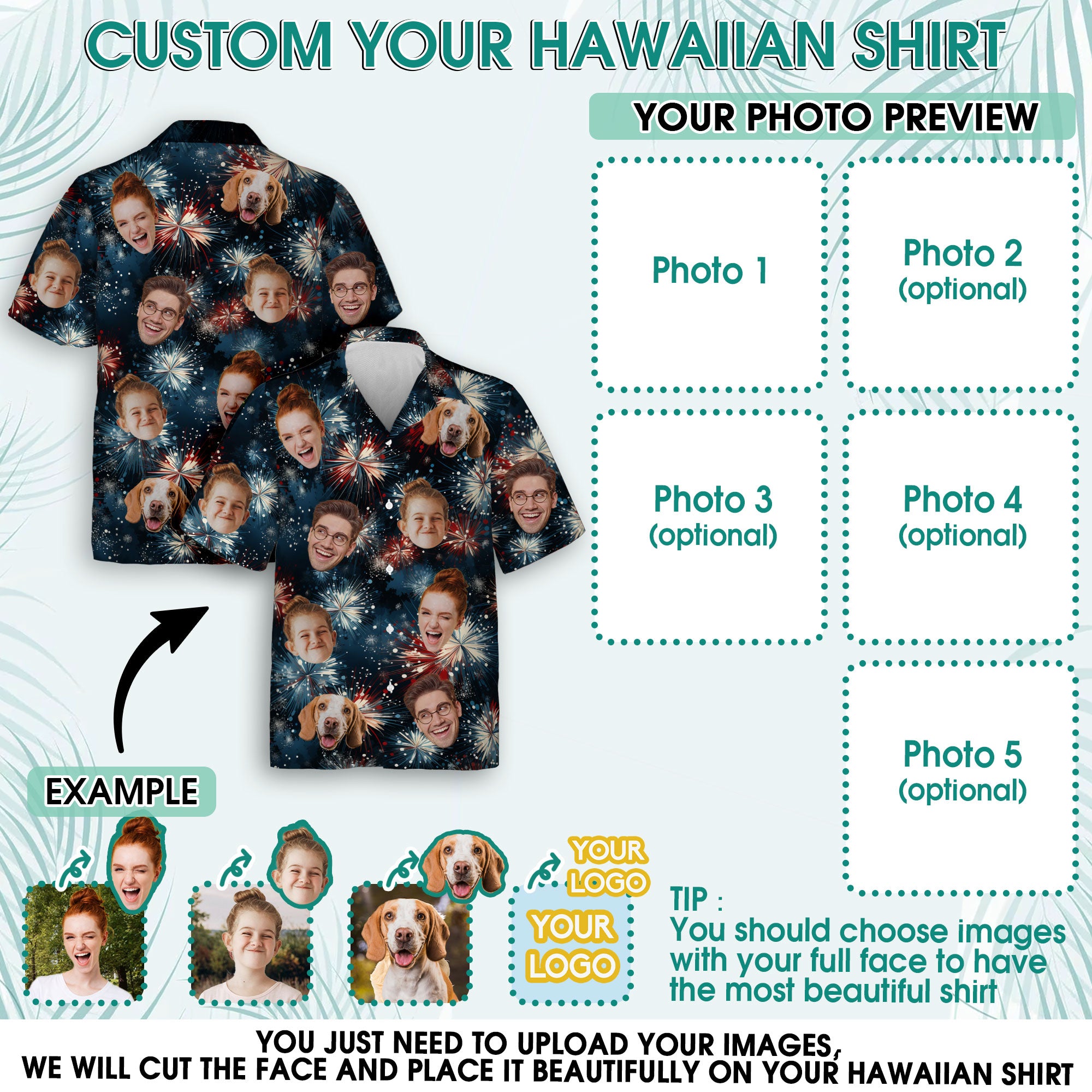 Custom Face Hawaiian Shirt, Personalized Fireworks Show Shirt for Men, Independence Day Celebration Shirt, Gift for Husband