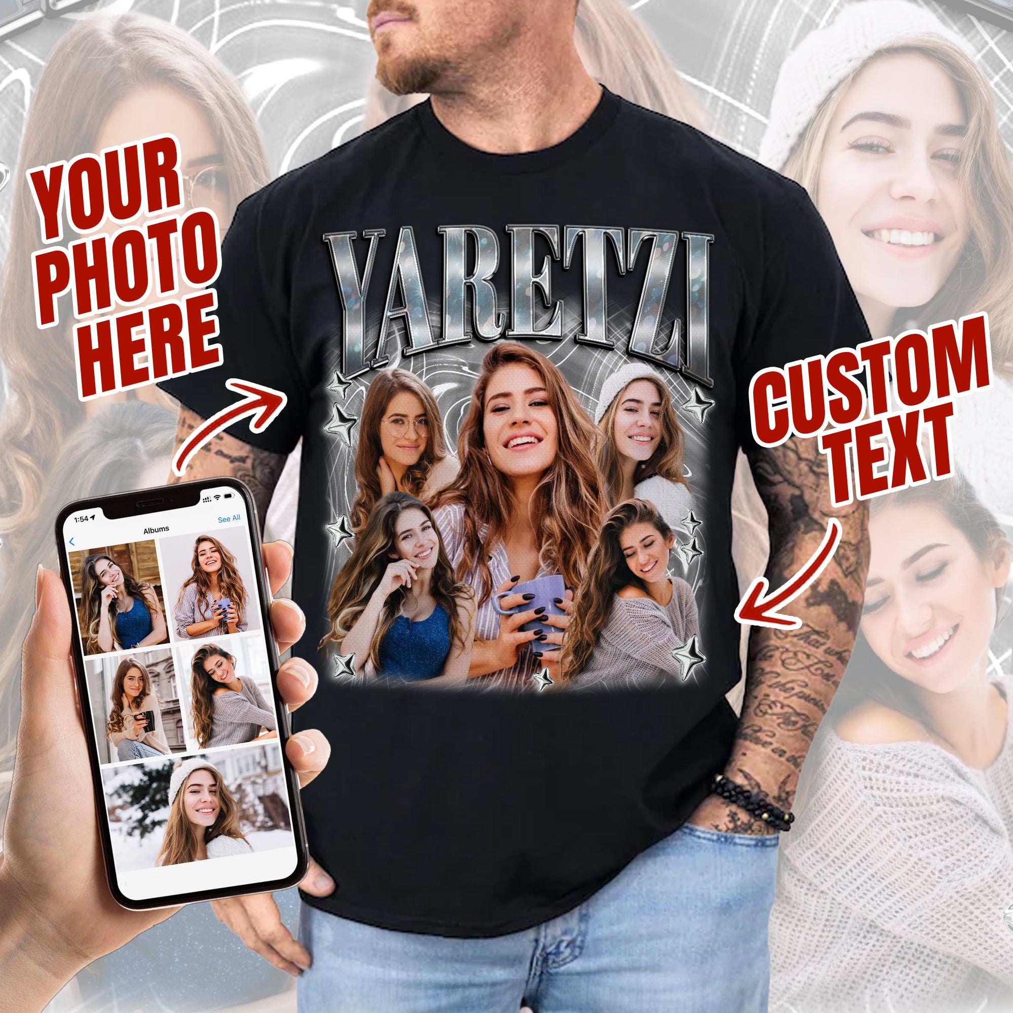 Personalized Bootleg Rap Style T-Shirt, Custom Photo Collage Shirt for Friends, Couples & Family