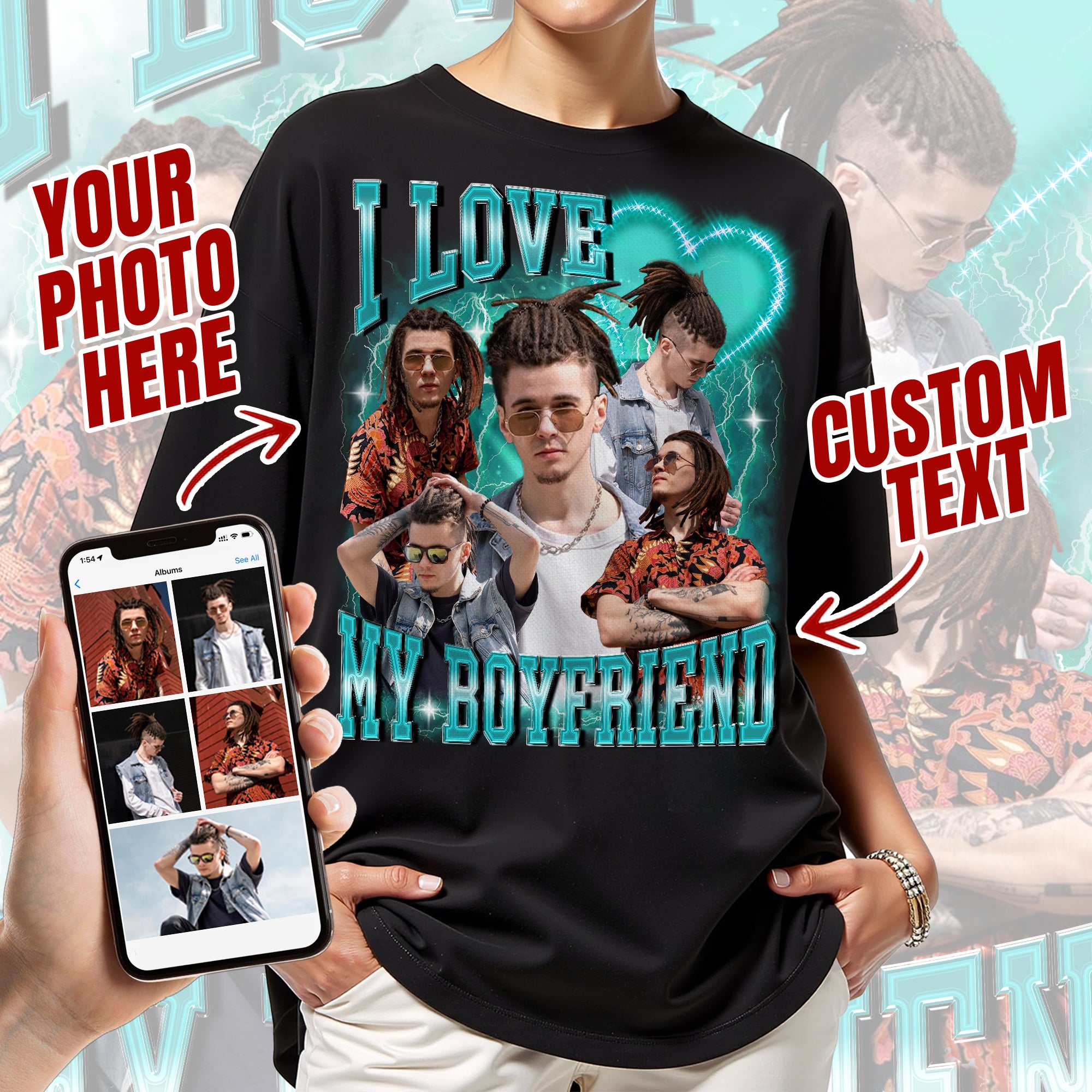 Custom Photo Collage Bootleg Tee, Your Face and Text on a Cool Graphic Shirt
