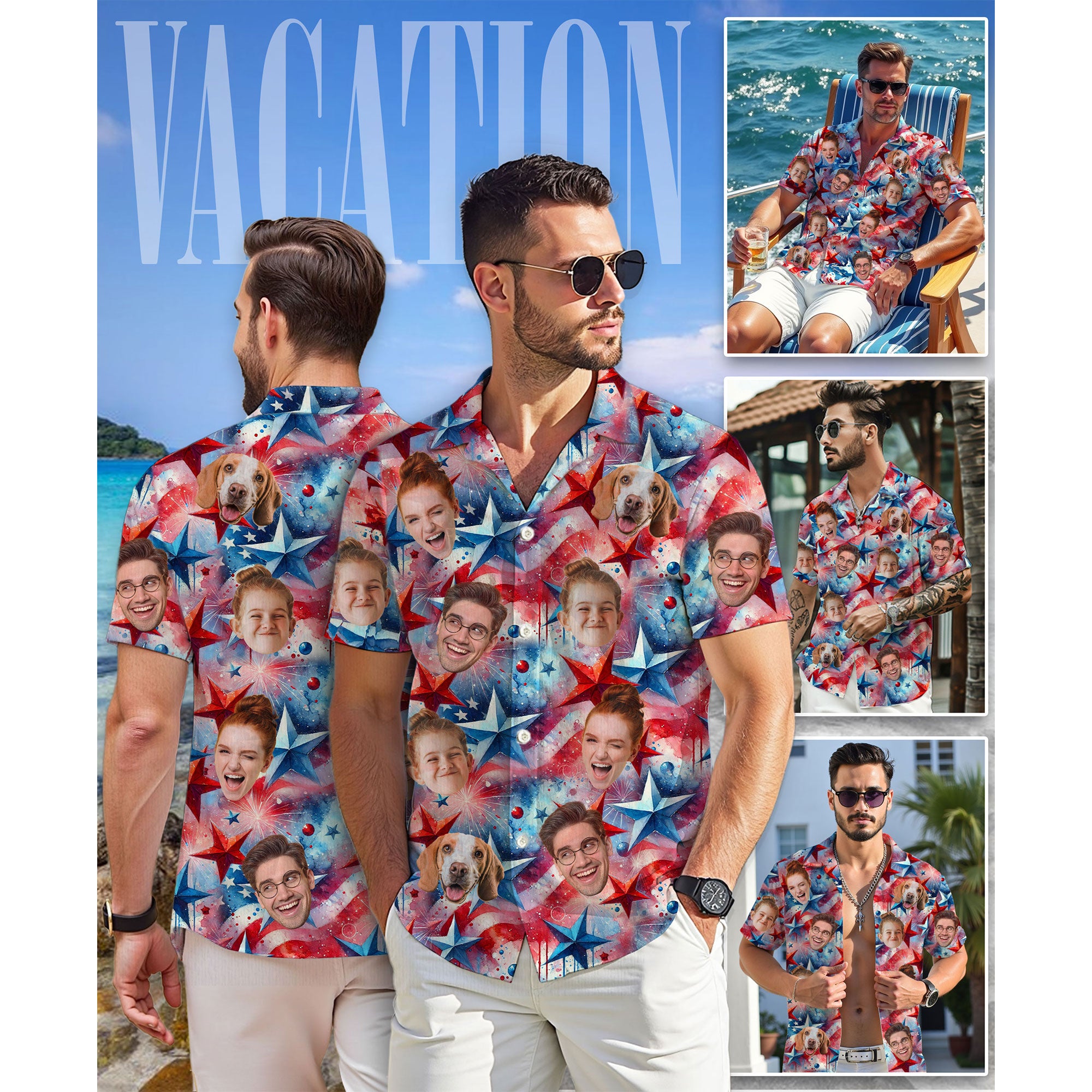 Custom Face Hawaiian Shirt, Personalized Red White Blue Star Shirt for Men, Fun Summer Gift, A Unique Gift for Dad or Husband on Father’s Day or Vacation