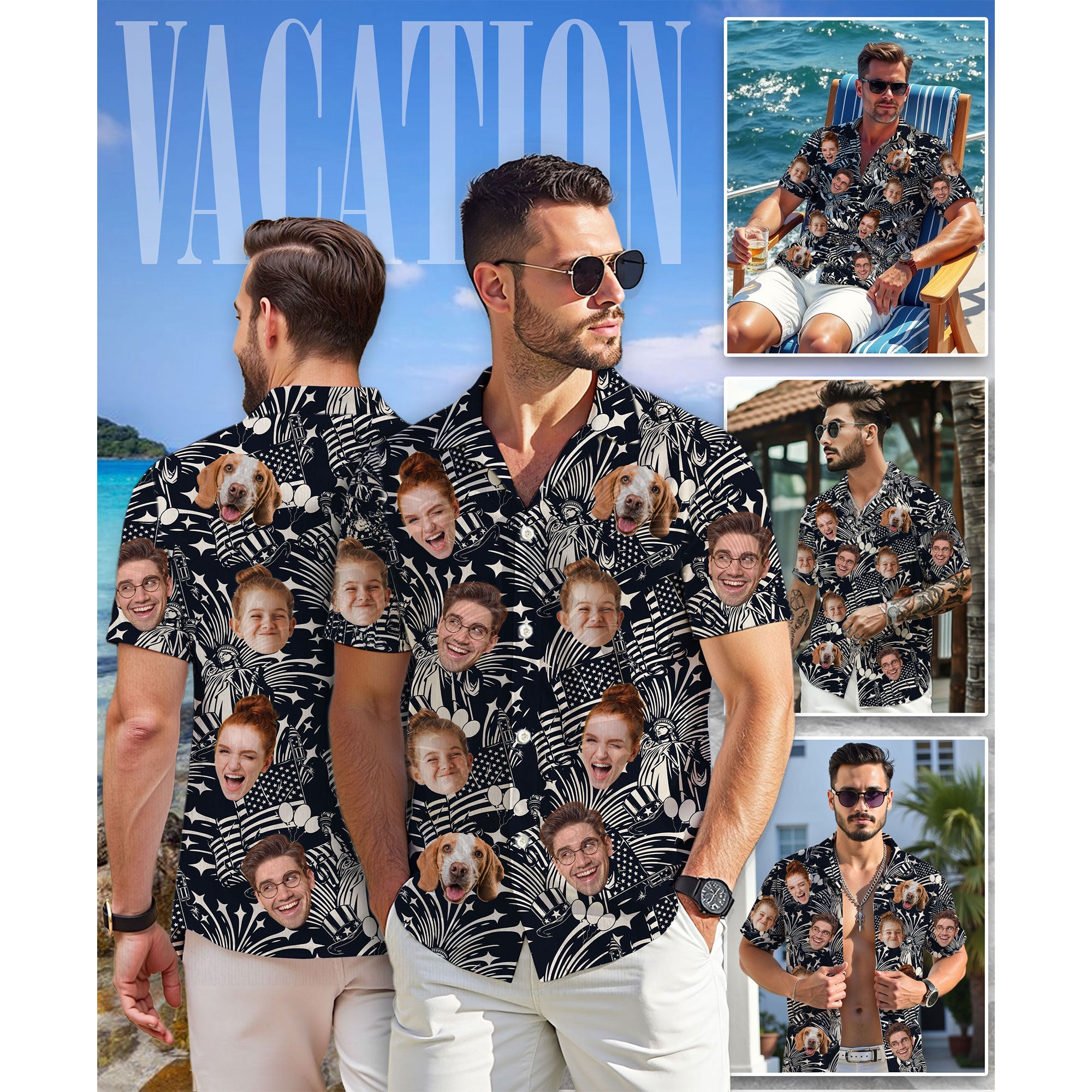 Custom Face Hawaiian Shirt, Personalized Patriotic Black & White Print Shirt for Men, Funny Gift for Dad, July 4th Celebration