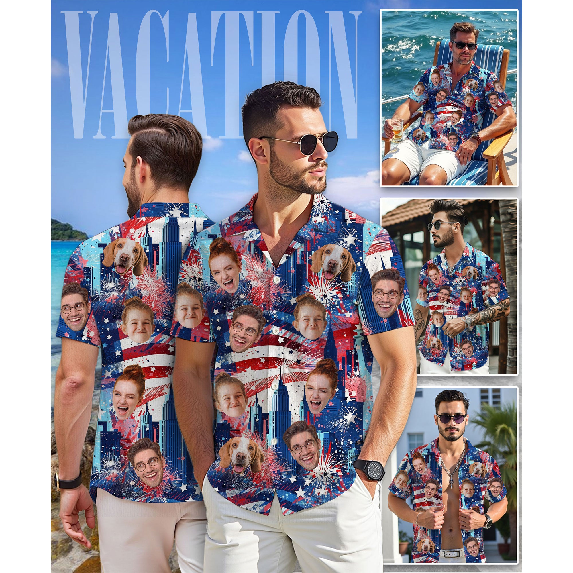 Custom Face Hawaiian Shirt, Personalized Firework City Skyline Shirt for Men, Independence Day Gift, Memorial Day Shirt