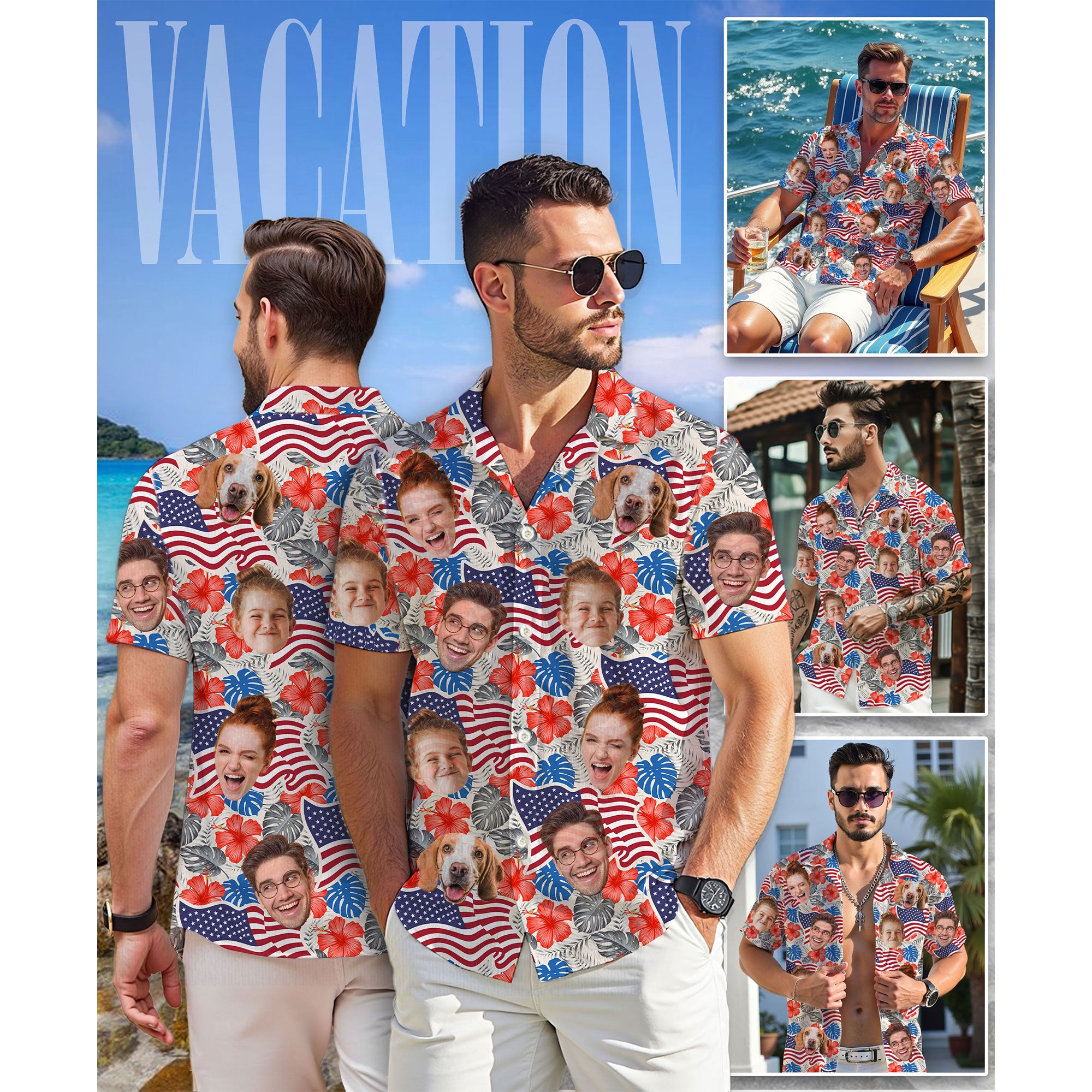 Custom Face Hawaiian Shirt, Personalized USA Flag Hibiscus Floral Shirt, 4th of July Gift for Husband, Fun Summer Shirt