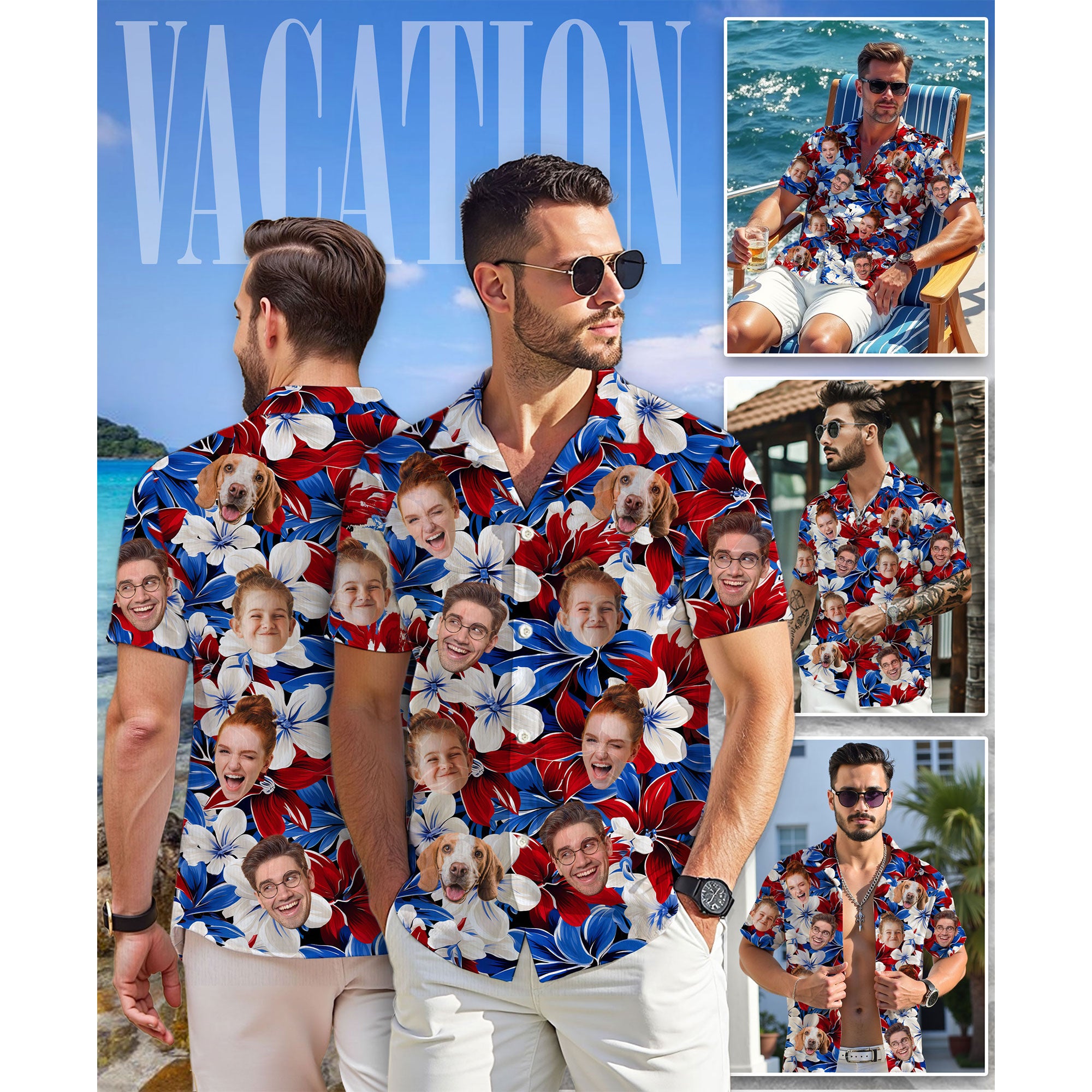 Custom Face Hawaiian Shirt, Personalized Bold Red White Blue Hibiscus Shirt for Men, Cool Father's Day Gift