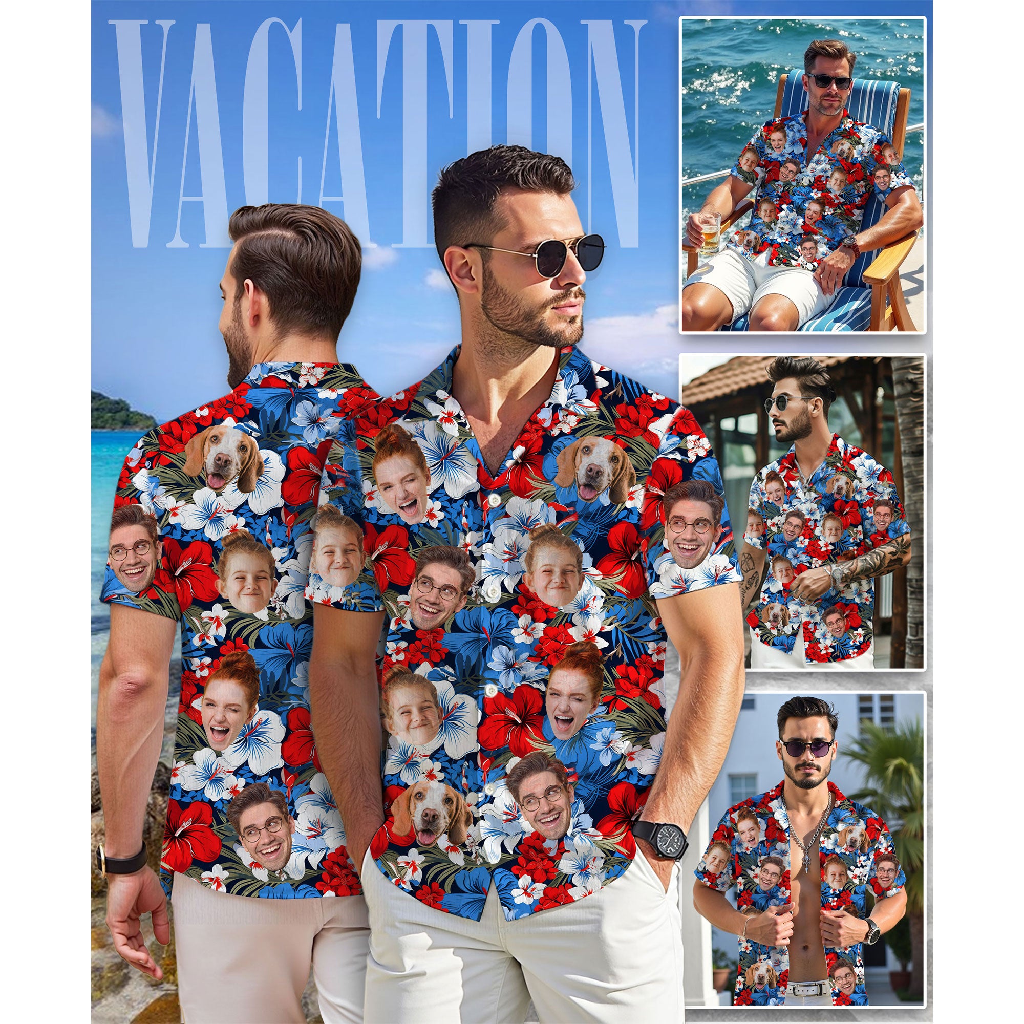 Custom Face Hawaiian Shirt, Personalized Retro Floral July 4th Shirt for Men, Patriotic Summer Vacation Shirt