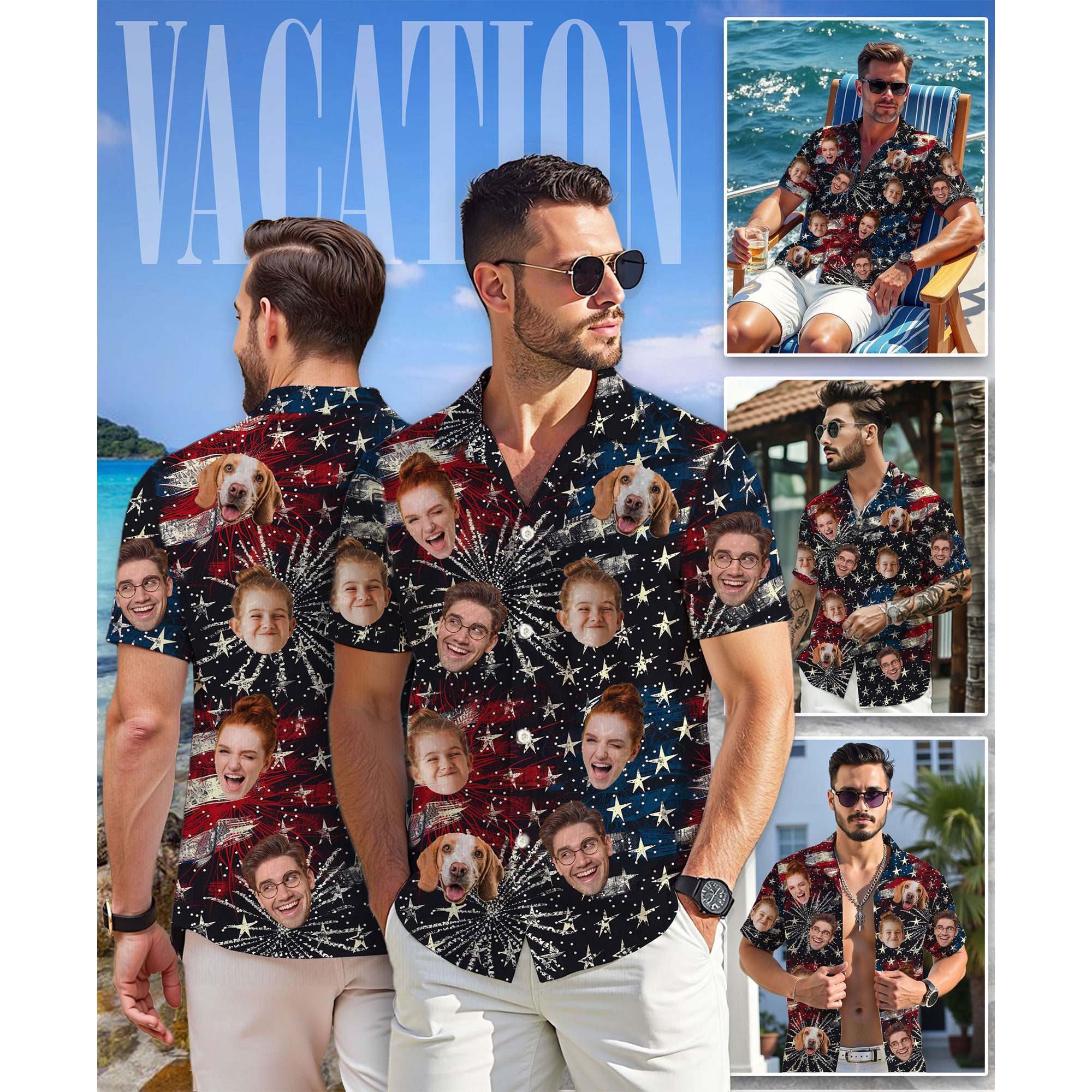 Custom Face Hawaiian Shirt, Personalized Firework & Star Celebration Shirt for Men, Funny Gift for Dad on 4th of July