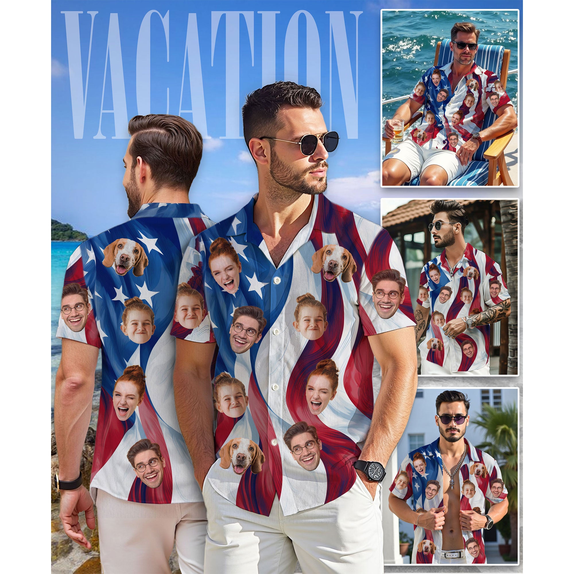 Custom Face Hawaiian Shirt, Personalized USA Flag Waves Shirt for Men, Minimalist Patriotic Shirt, July 4th Gift