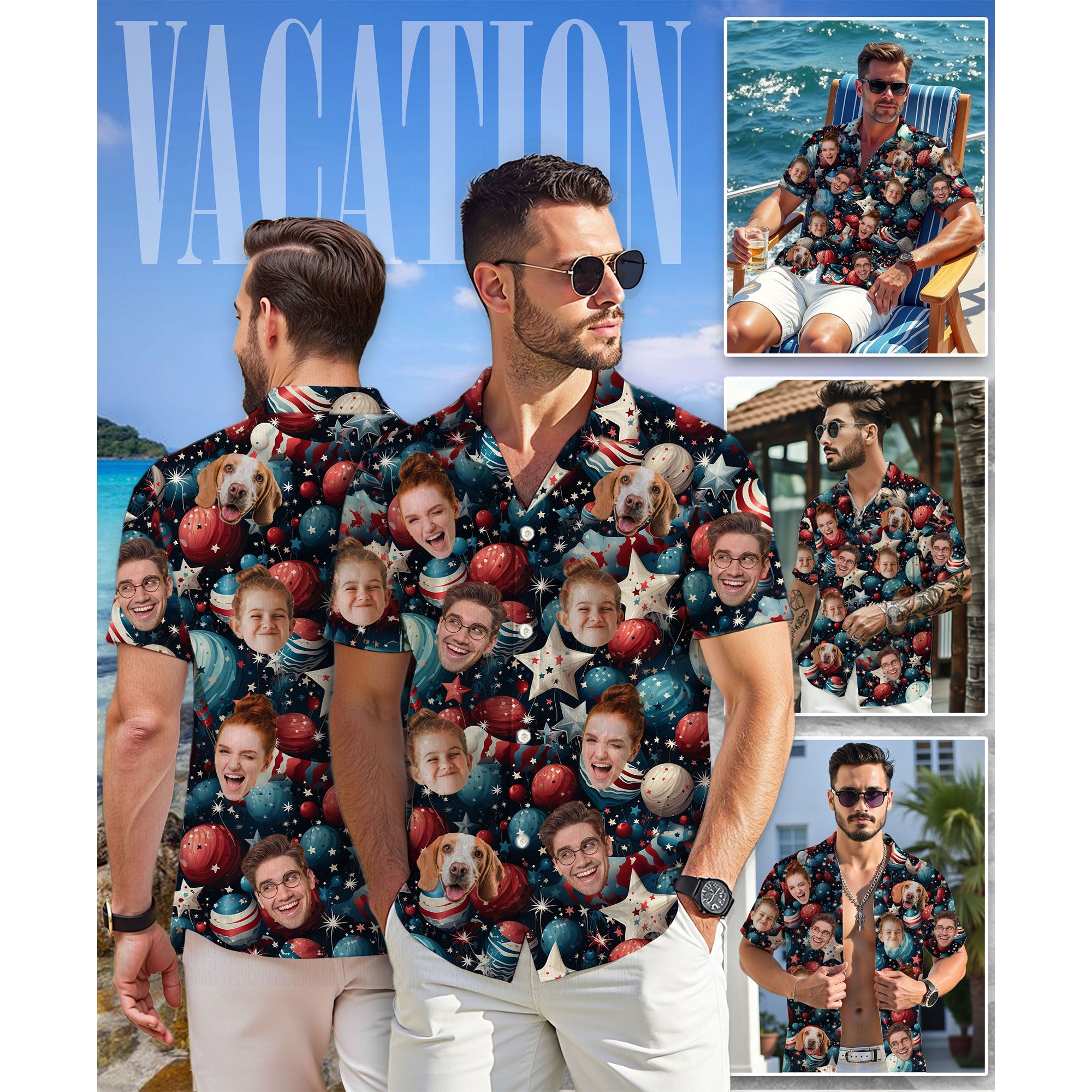 Custom Face Hawaiian Shirt, Personalized Star & Ornament Themed Shirt for Men, Unique 4th of July Gift