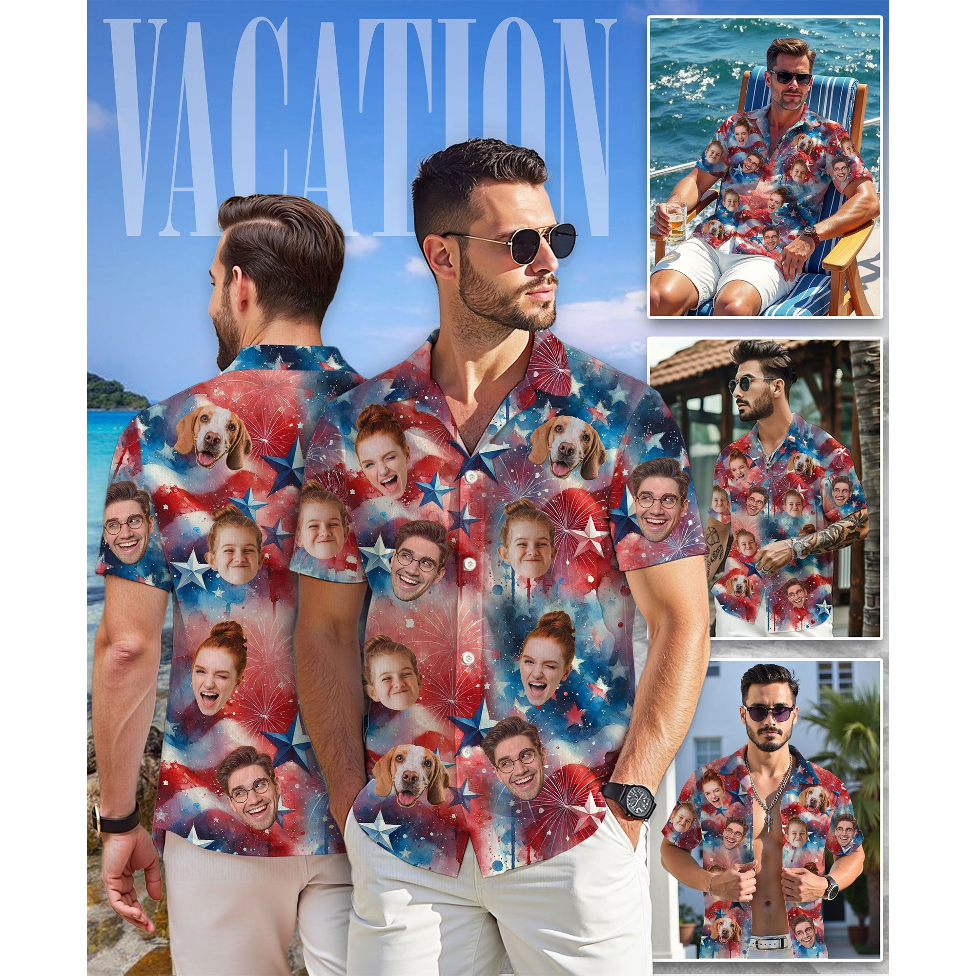 Custom Photo Aloha Shirt, Personalized Patriotic Hawaiian Shirt for Men, Funny Face Shirt, Perfect Gift for Friends, Husband, or Dad