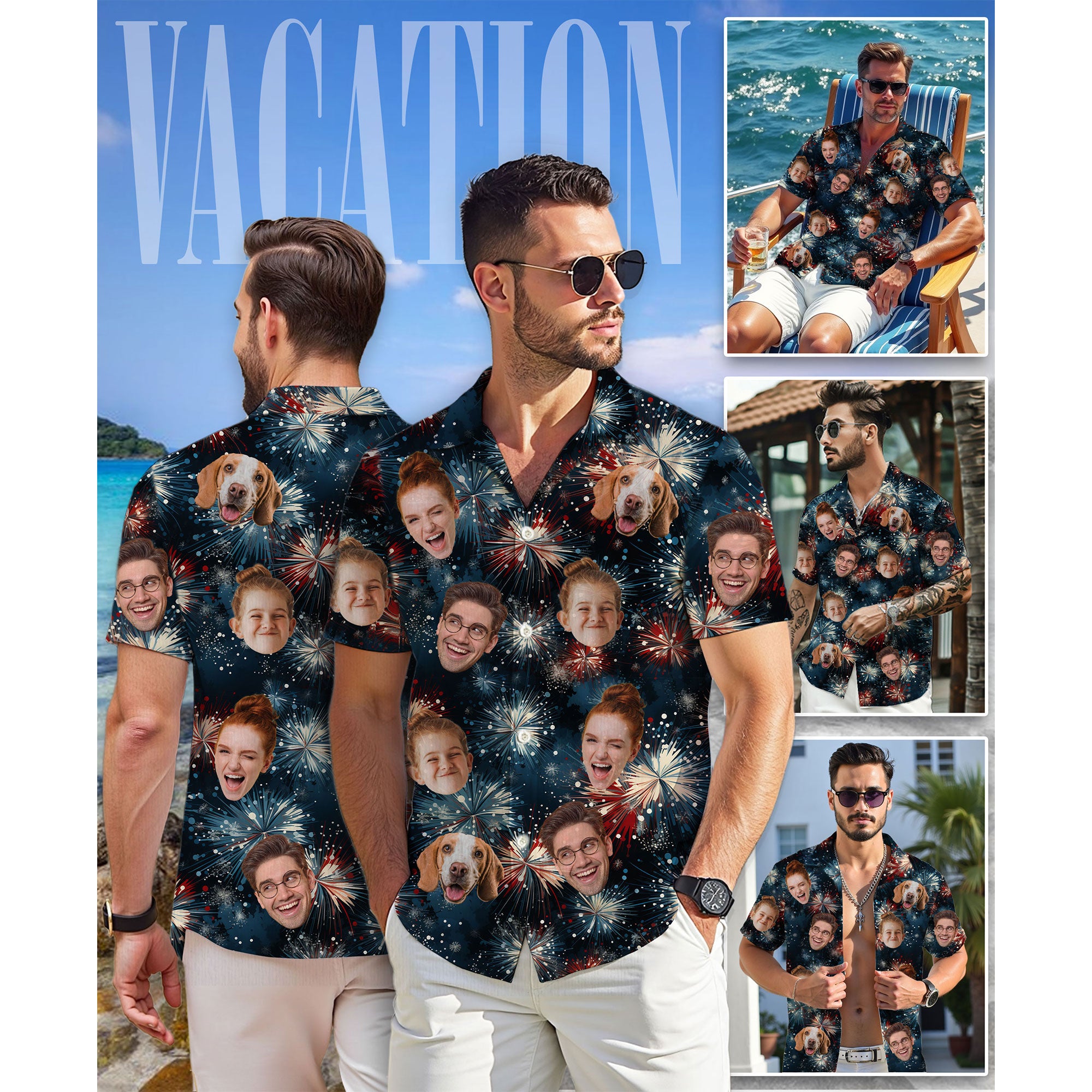 Custom Face Hawaiian Shirt, Personalized Fireworks Show Shirt for Men, Independence Day Celebration Shirt, Gift for Husband