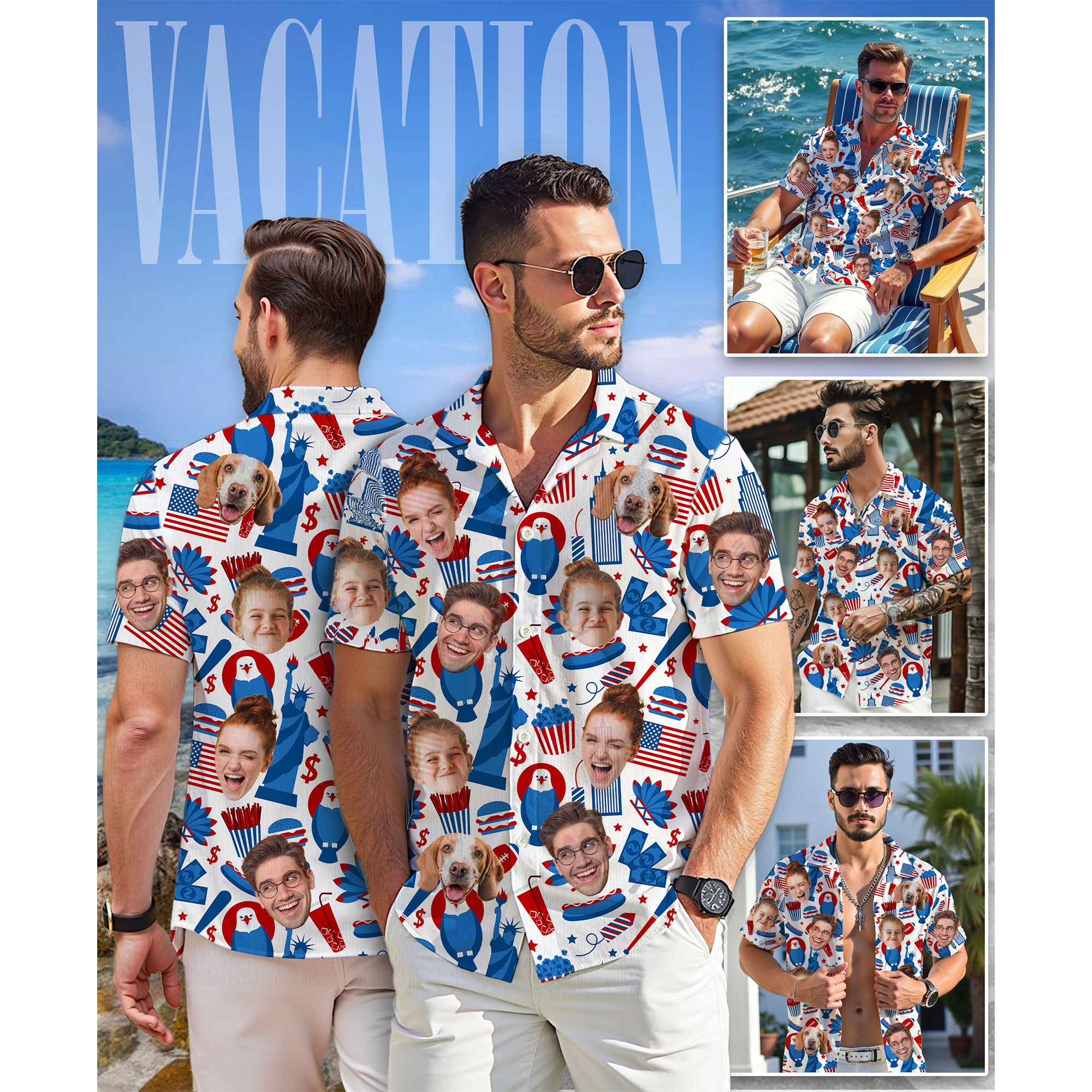 Personalized Face Print Hawaiian Shirt, Red Blue Star Shirt for Men, Summer Gift Idea, Thoughtful Custom Gift for Dad on Birthday or Anniversary