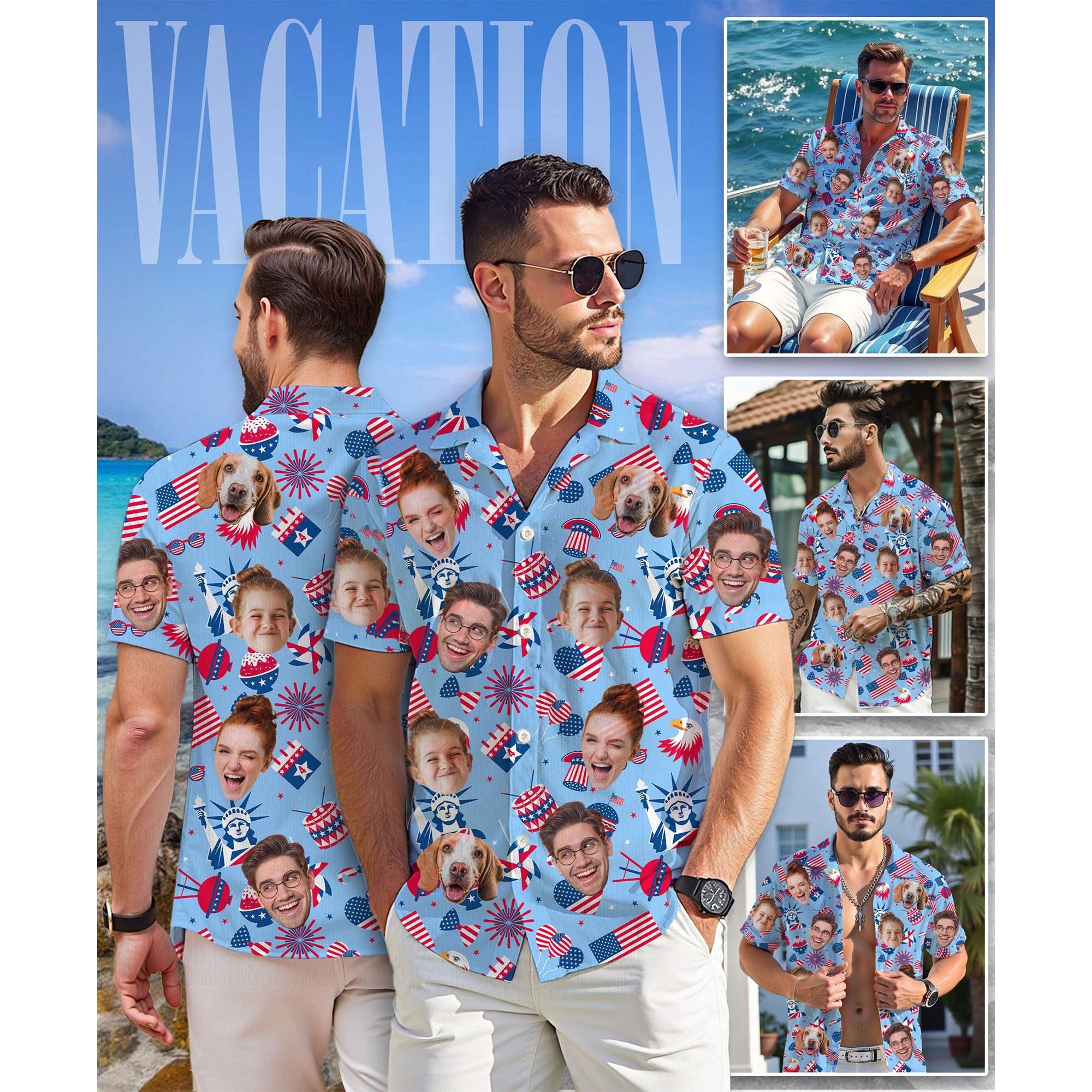 Custom Face Hawaiian Shirt, Personalized Independence Day Shirt for Men, USA Flag Shirt, Unique Gift for Dad or Friends
