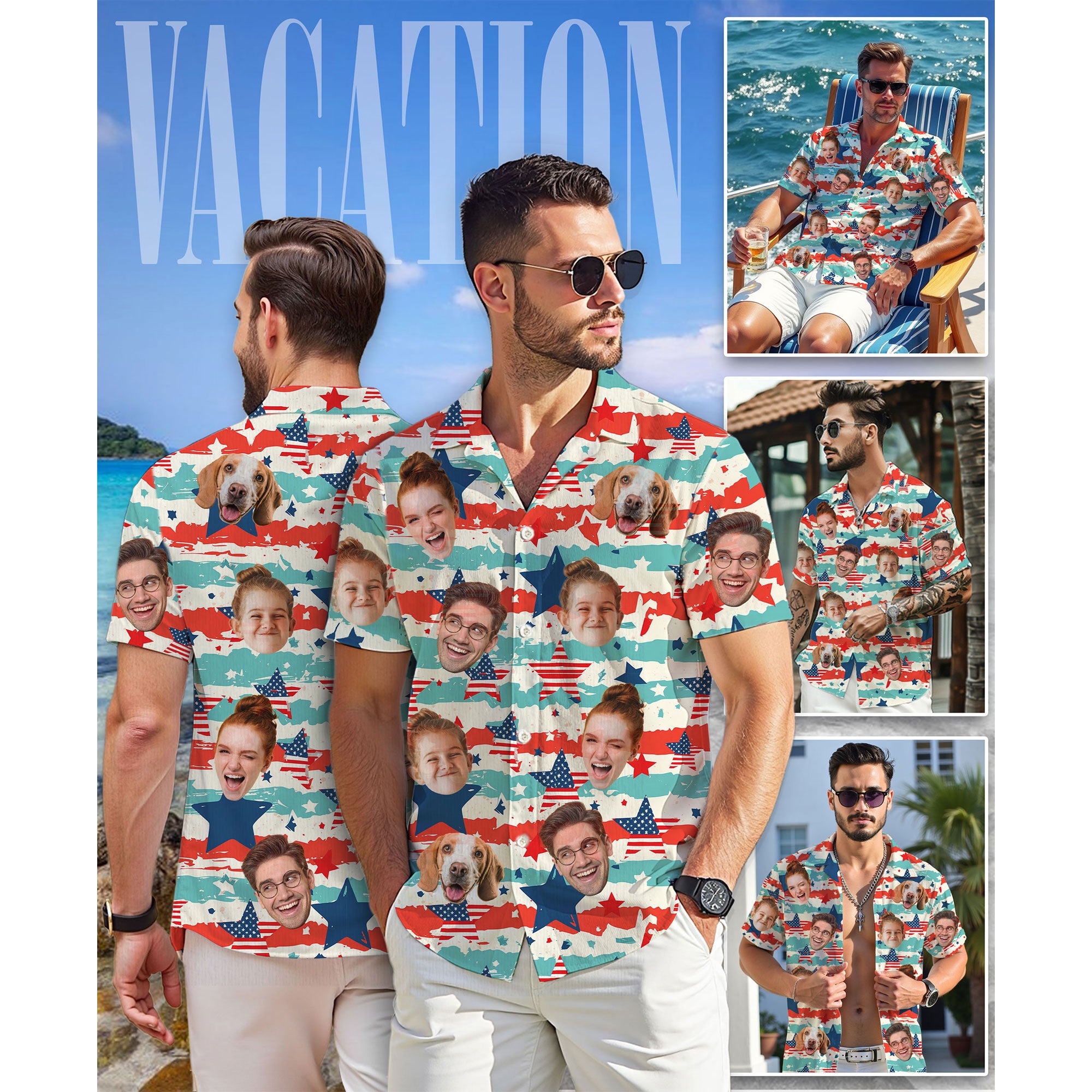 Custom Face Hawaiian Shirt, Personalized America Map Pattern Shirt for Men, Stars and Stripes Gift, Great for July 4th or Family Parties