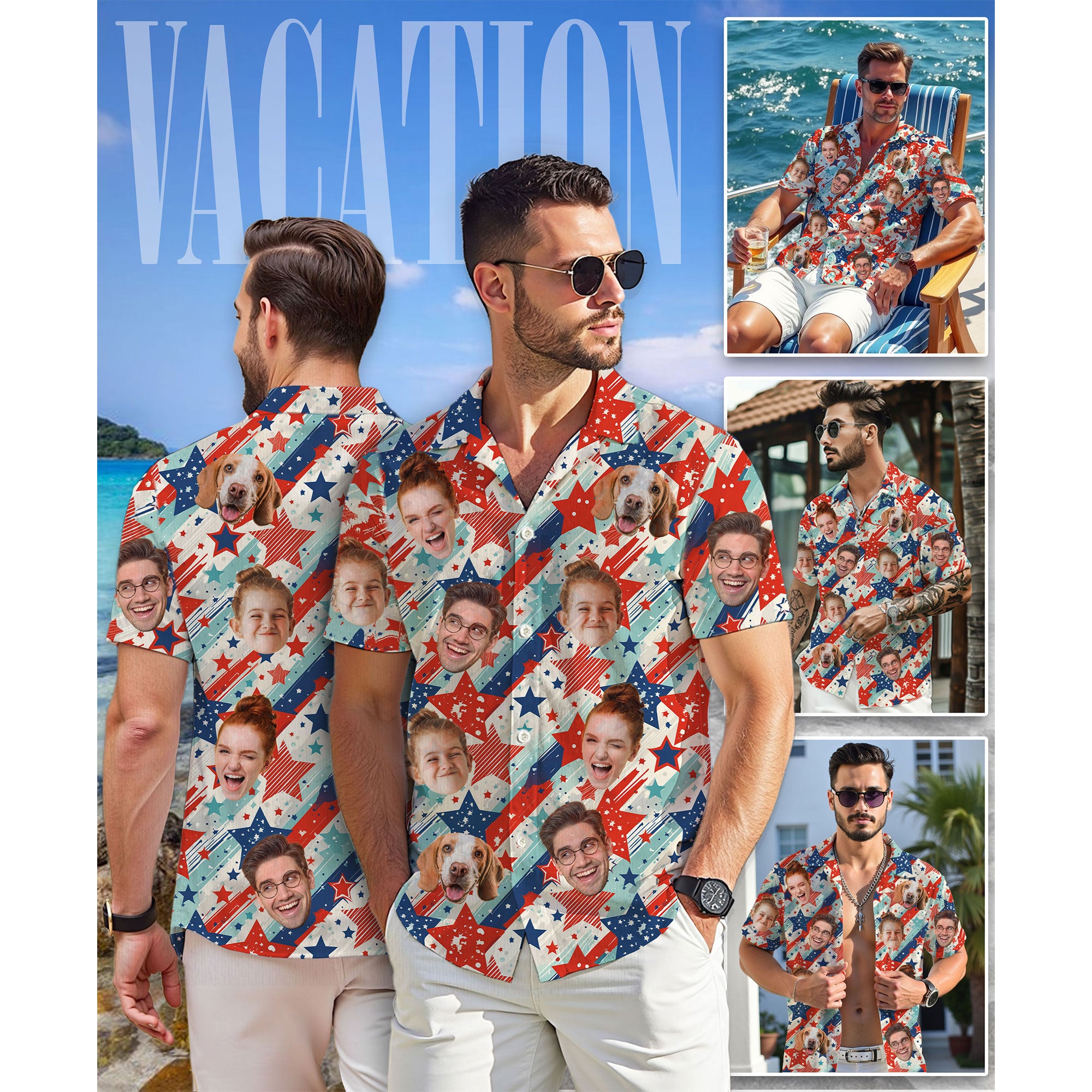 Custom Face Hawaiian Shirt, Personalized USA Fireworks Shirt for Men, Red White Blue Shirt, Patriotic Gift for Him on Holiday