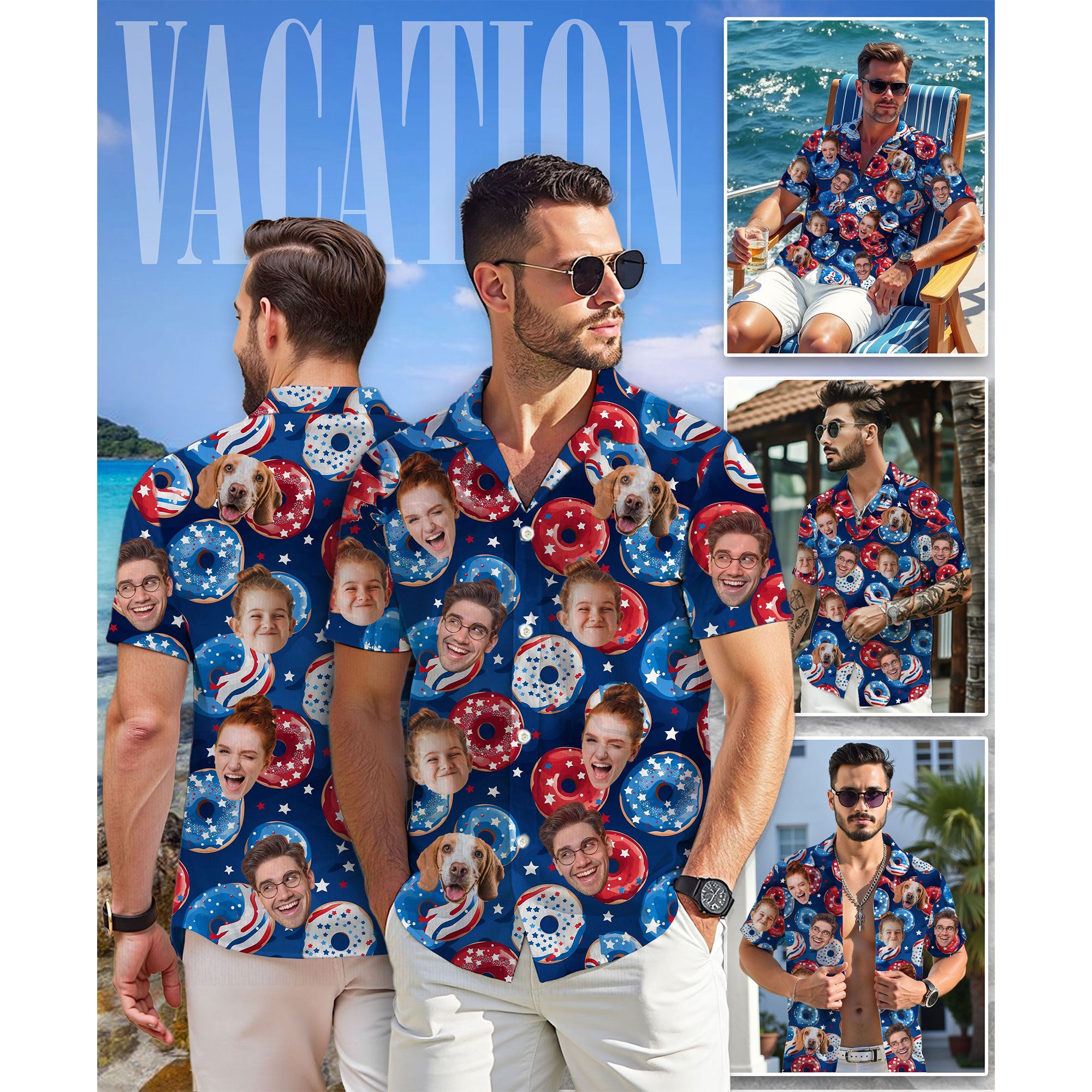 Custom Face Hawaiian Shirt, Personalized Donut and Stars Pattern Shirt for Men, Funny 4th of July Gift, Summer Shirt for Friends or Husband