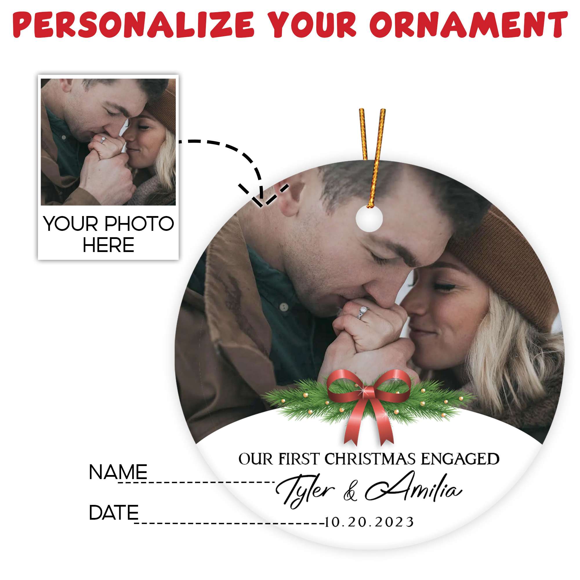 Personalized Engagement Christmas Ornament 2025 with Custom Photo, Our First Christmas Married Ornament 2025, 1St Christmas Married Gift for Wedding Gifts, Couples, Newlywed Gifts