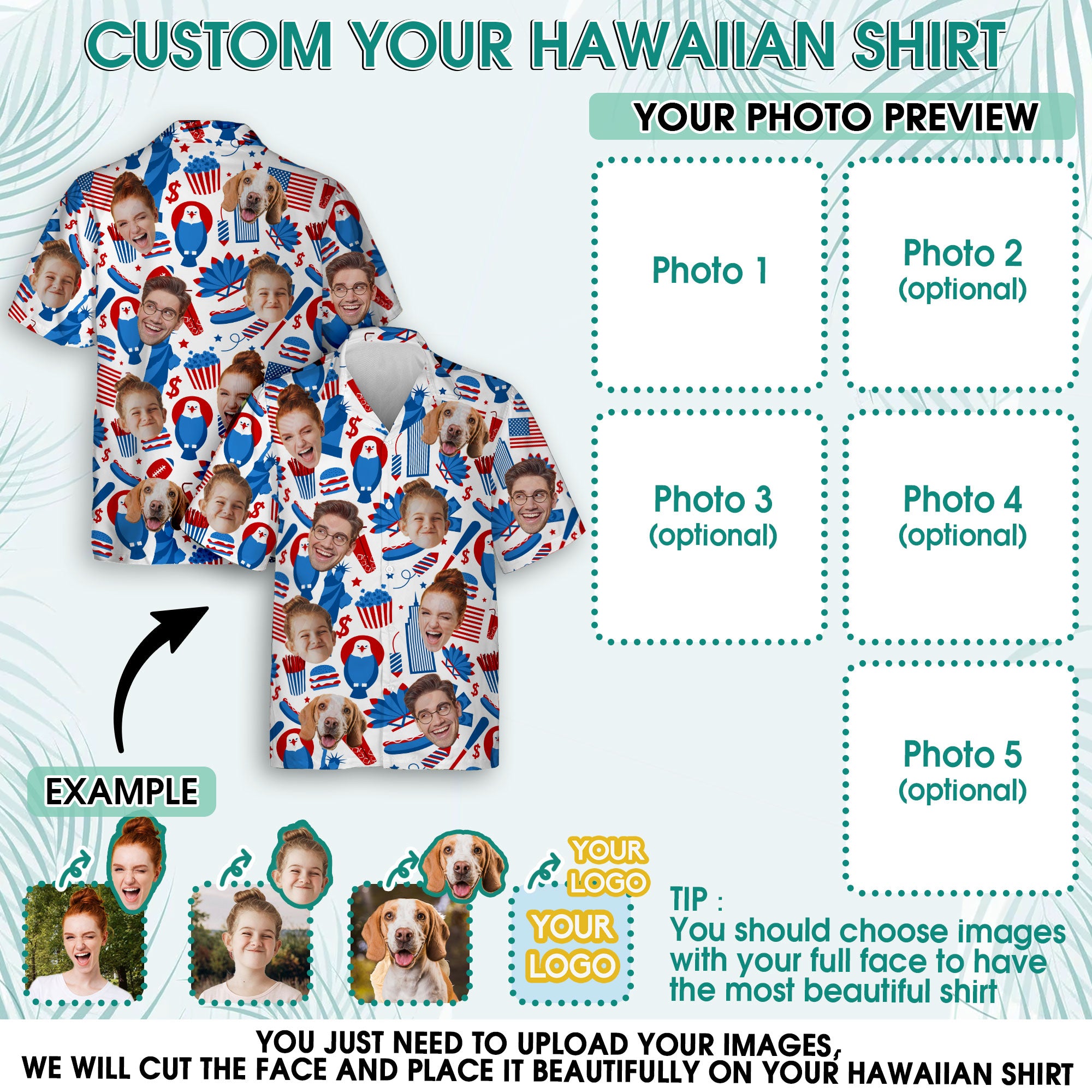 Personalized Face Print Hawaiian Shirt, Red Blue Star Shirt for Men, Summer Gift Idea, Thoughtful Custom Gift for Dad on Birthday or Anniversary