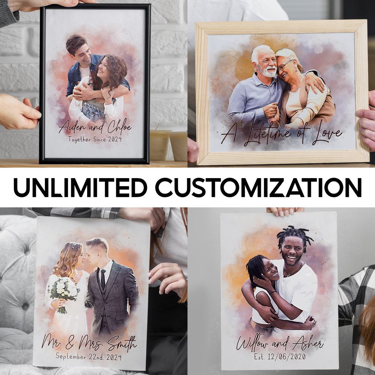 Custom Watercolor Portrait from Photo, Personalized Wedding Picture Frame for Couples, Engagement Picture Frame for Couples