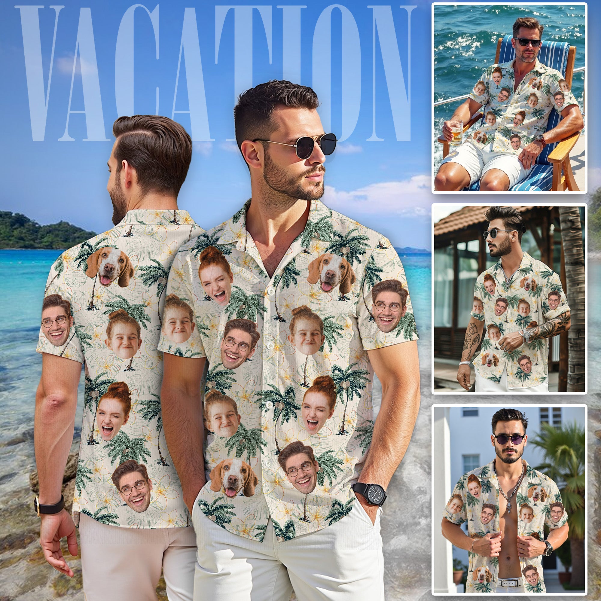 Custom Face Hawaiian Shirt for Men, Personalized Vacation Shirt with Family & Pet Faces, Palm Tree, for Dads, and Husbands, Gift for Anniversaries