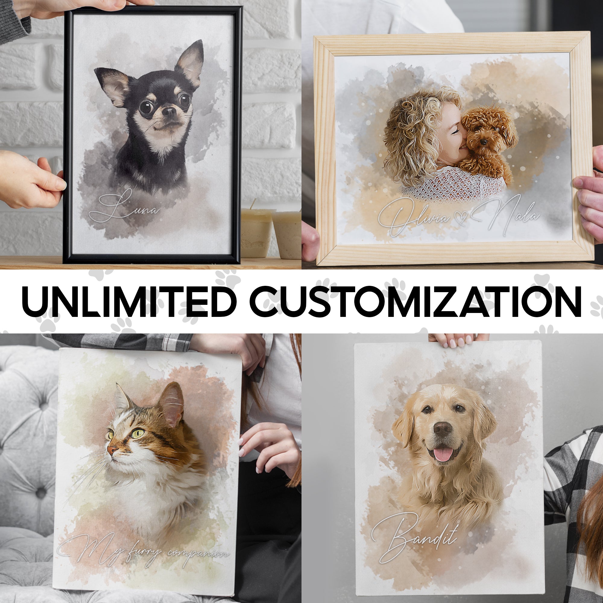 Custom Pet Portrait from Photo, Customized Watercolor Portraits Canvas from Picture, Personalized Dog Memorial Canvas, Customized Pet Gifts