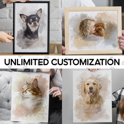 Custom Pet Portrait from Photo, Customized Watercolor Portraits Canvas from Picture, Personalized Dog Memorial Canvas, Customized Pet Gifts