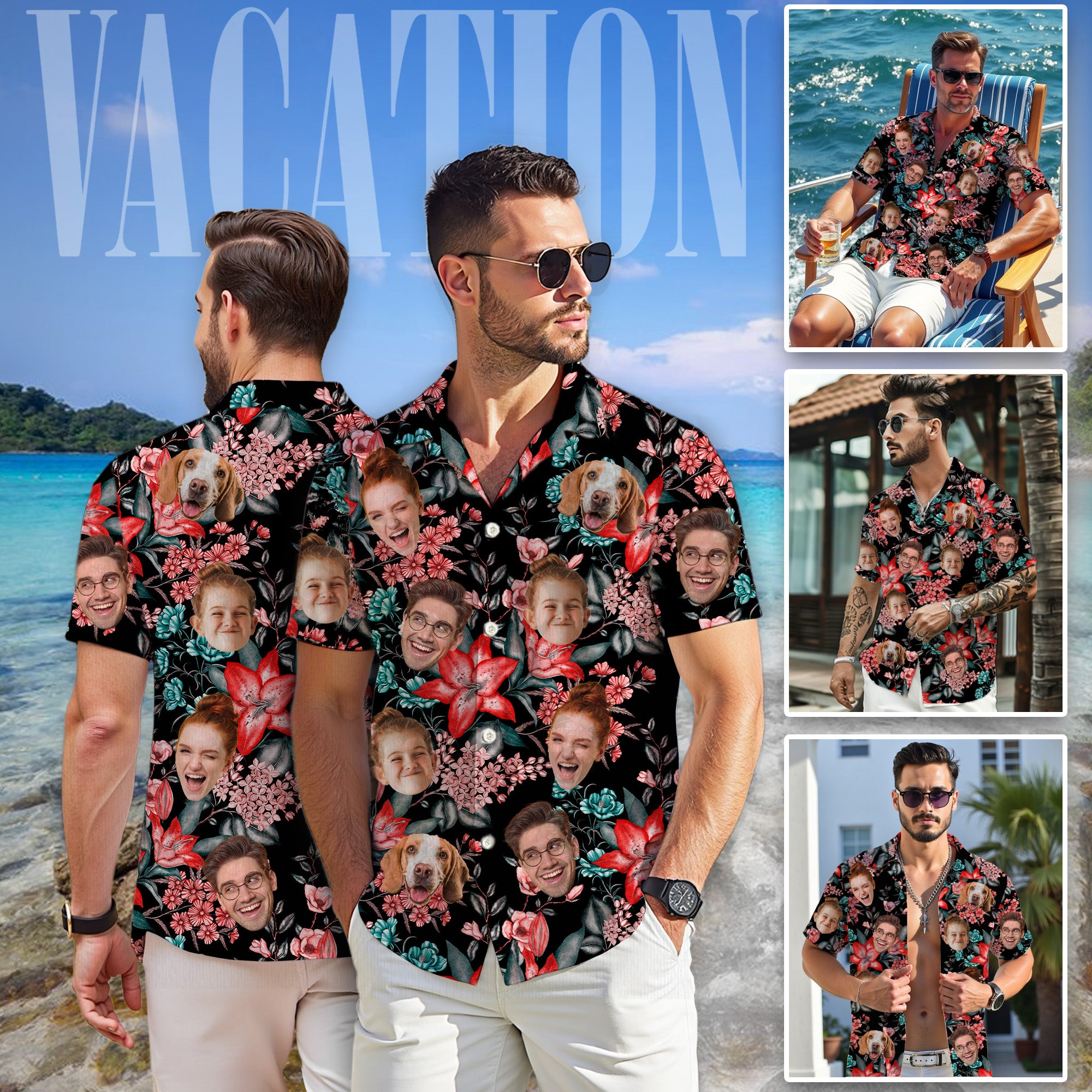 Custom Face Shirt, Personalized Black Floral Hawaiian Shirt for Men, for Friends & Husbands, Perfect Gift for Vacations, Birthdays, or Father’s Day