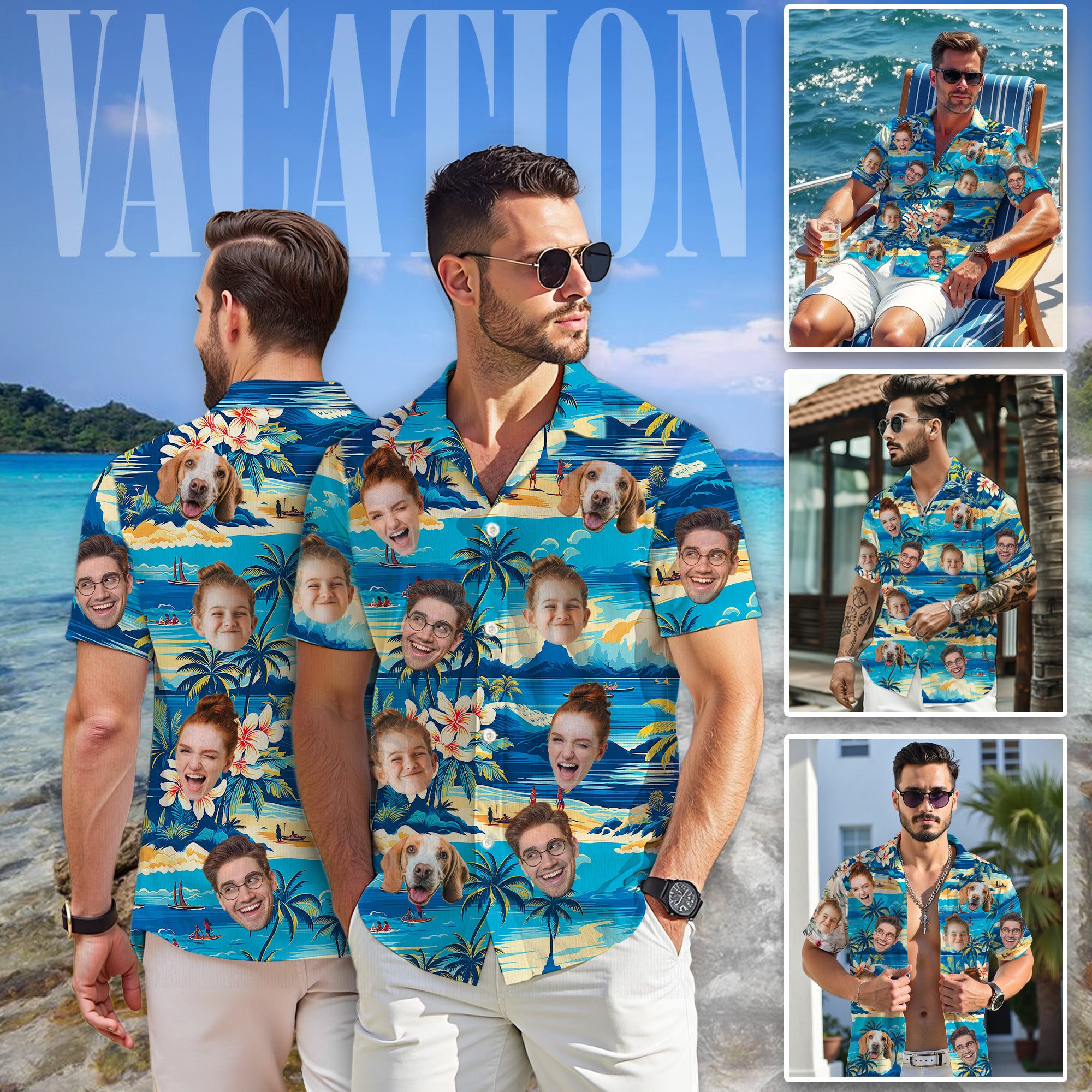 Custom Face Hawaiian Shirt, Personalized Blue Tropical Beach Shirt for Men, Funny Vacation Gift, Fun Surprise for Summer Trips & Celebrations