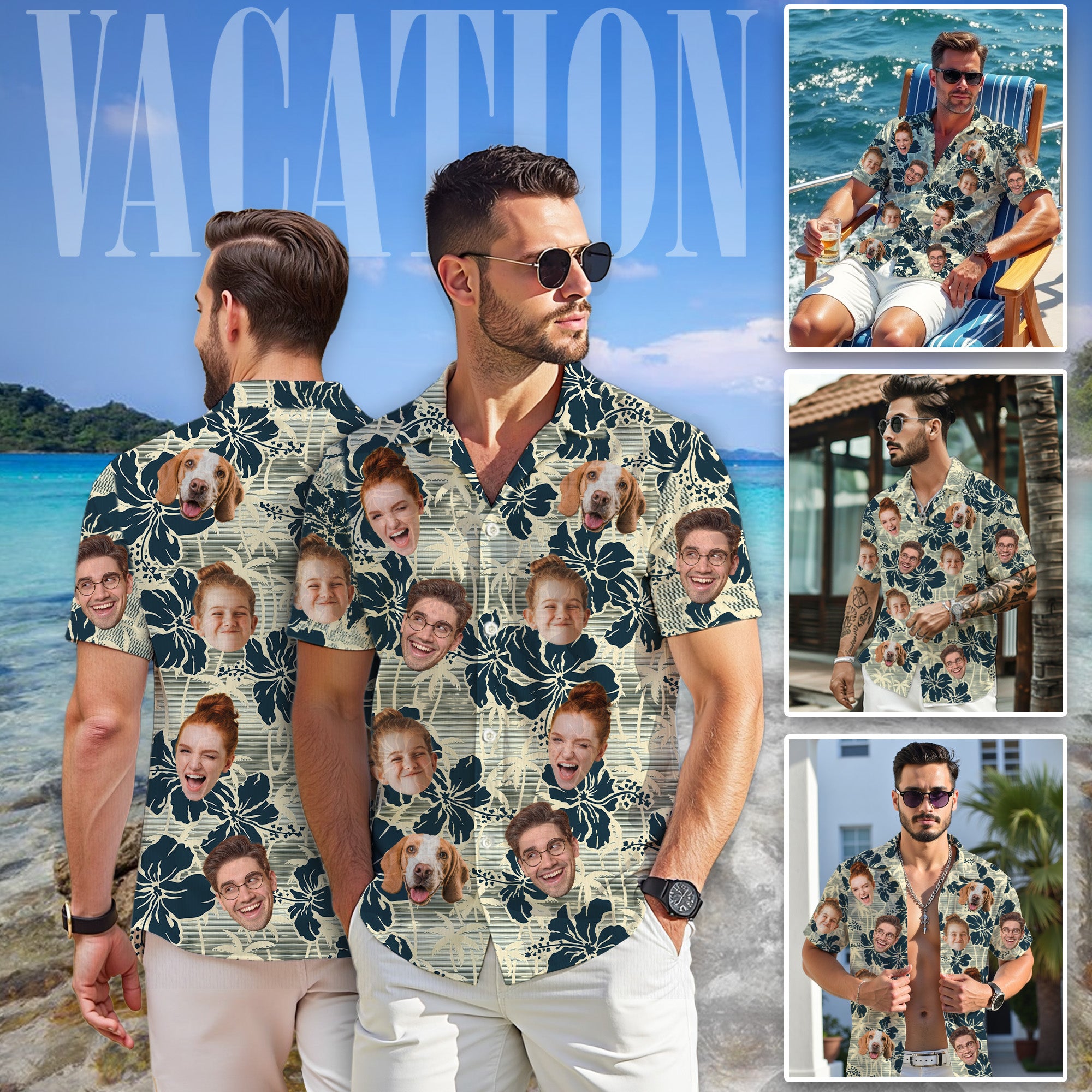 Custom Face Hawaiian Shirt, Personalized Photo Aloha Shirt with Family & Pet Faces, for Women, Kids, and Youth, Gift for Summer or Father's Day